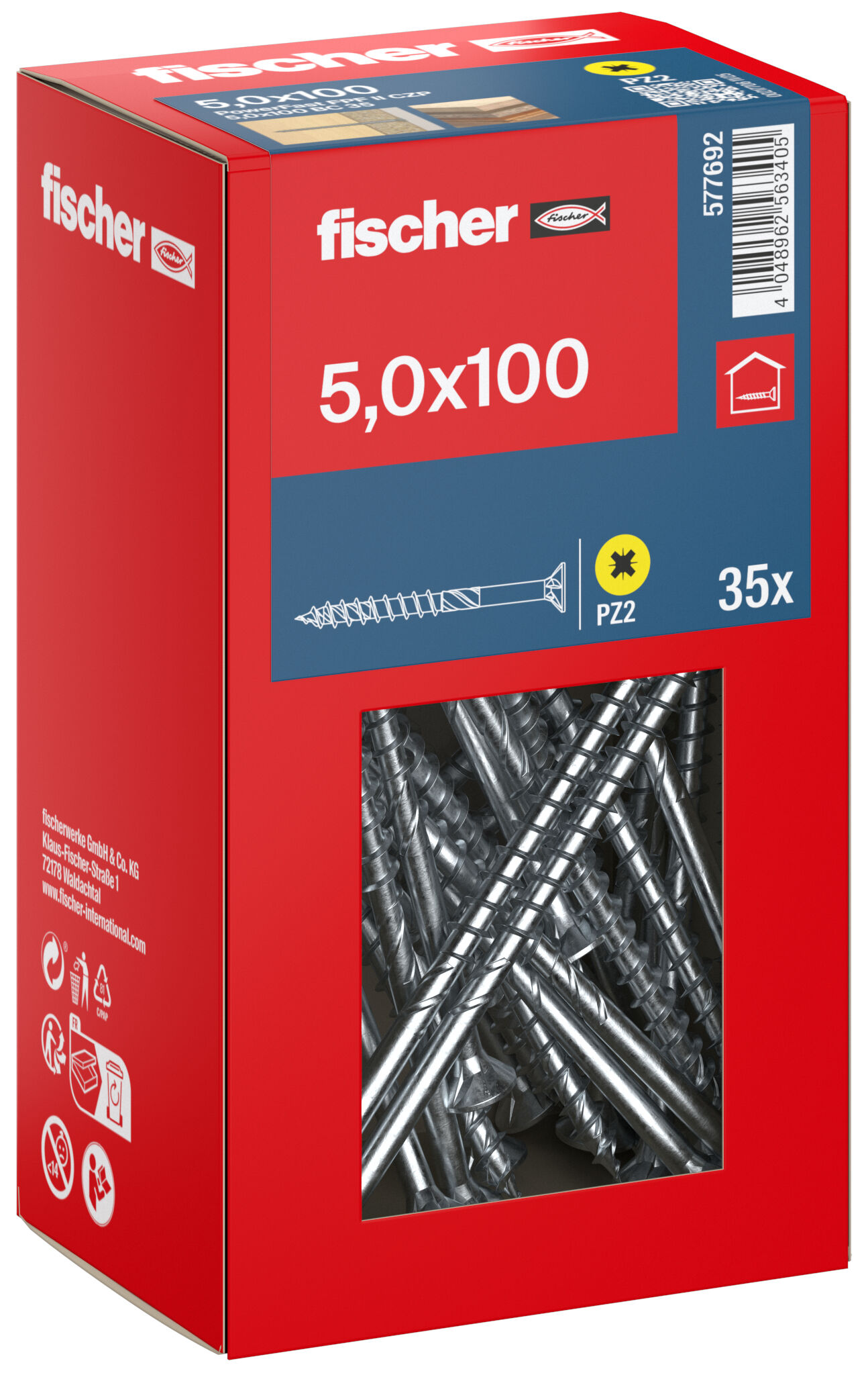 Packaging: "fischer chipboard screw PowerFast FPF II CZP 5.0 x 100 BC 35, countersunk head, cross drive PH, part thread, blue passivated"
