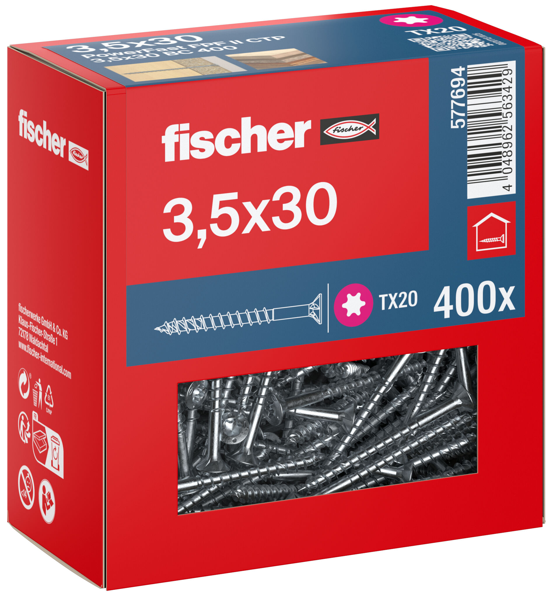 Packaging: "fischer chipboard screw PowerFast FPF II CTP 3.5 x 30 BC 400, countersunk head, TX drive, part thread, blue passivated"