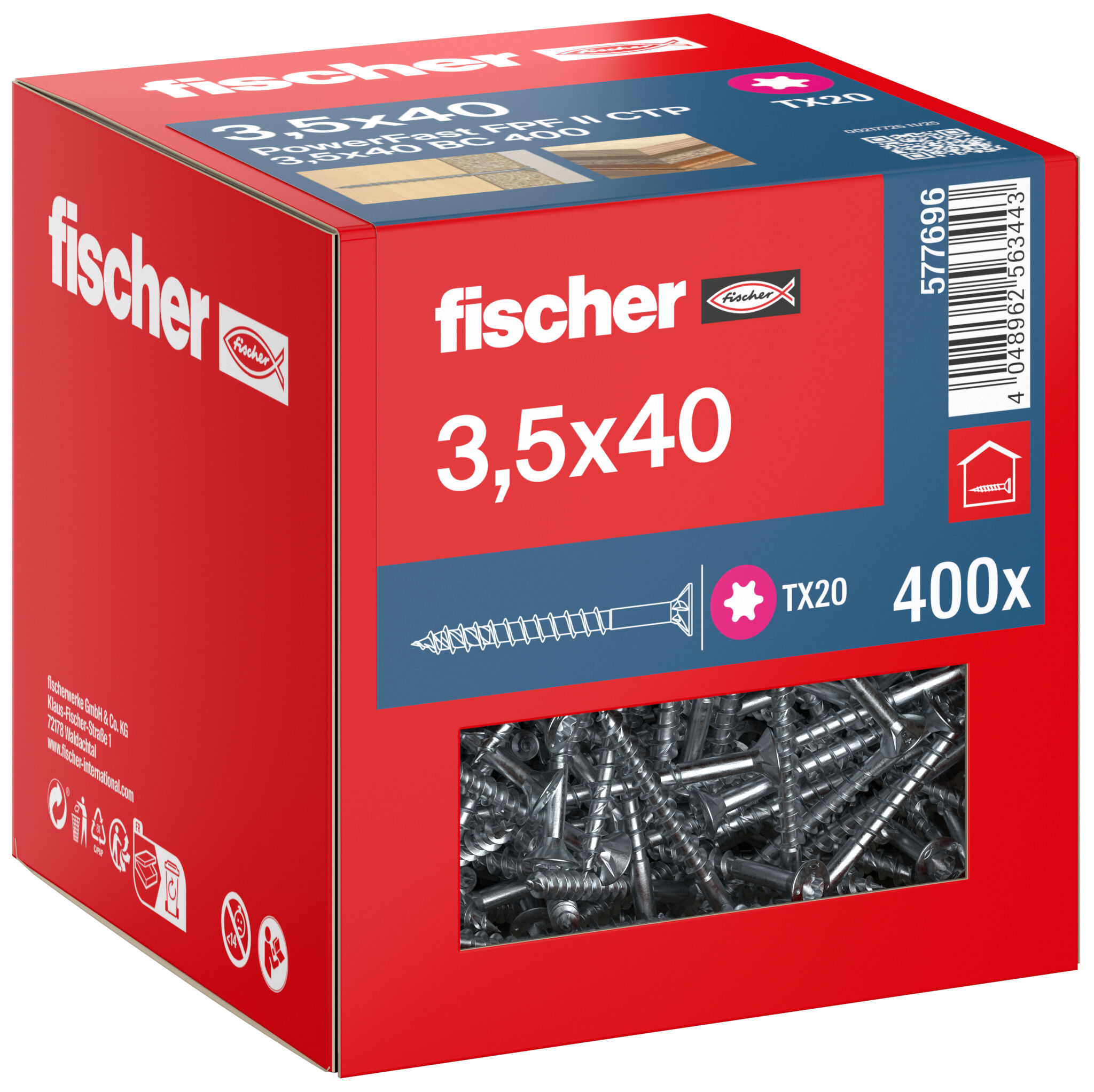 Packaging: "fischer chipboard screw PowerFast FPF II CTP 3.5 x 40 BC 400, countersunk head, TX drive, part thread, blue passivated"