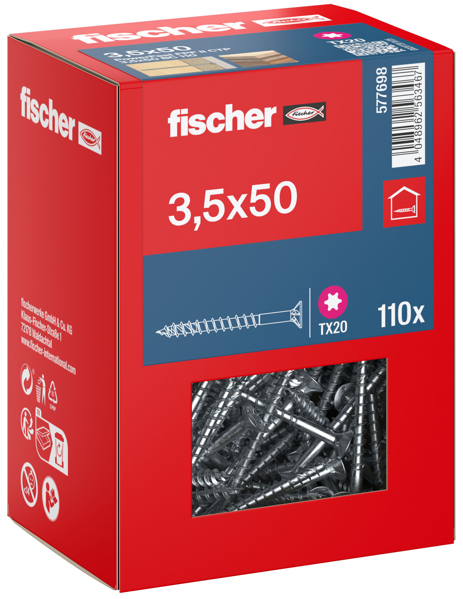 Packaging: "fischer chipboard screw PowerFast FPF II CTP 3.5 x 50 BC 110, countersunk head, TX drive, part thread, blue passivated"