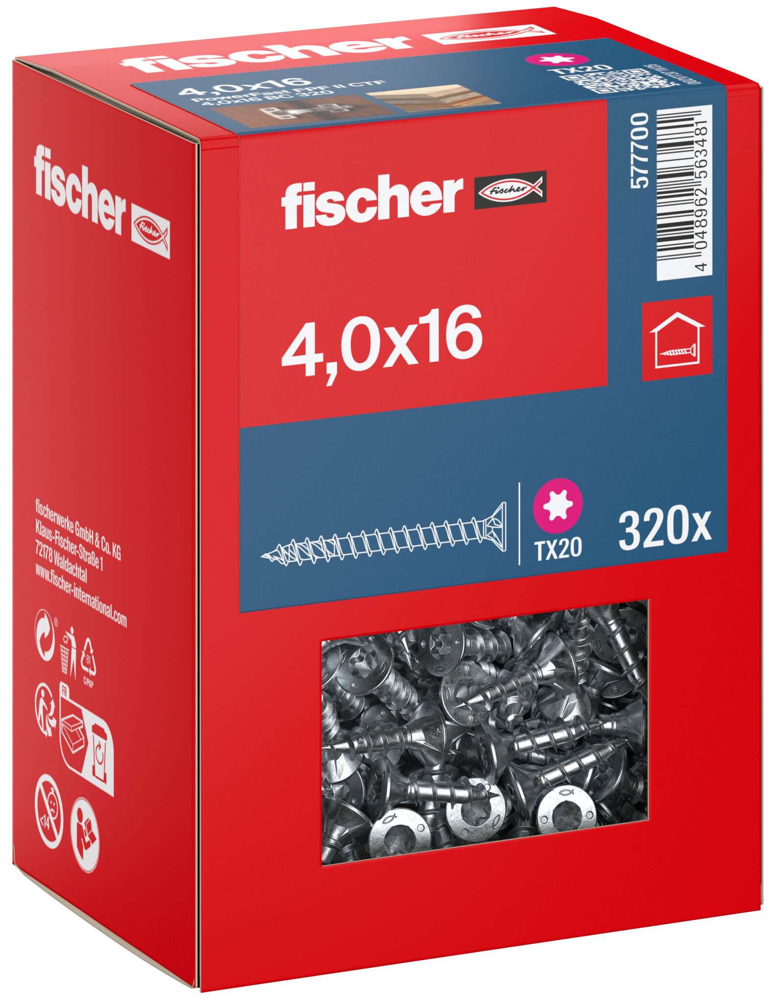 Packaging: "fischer chipboard screw PowerFast FPF II CTF 4.0 x 16 BC 320, countersunk head, TX drive, full thread, blue passivated"