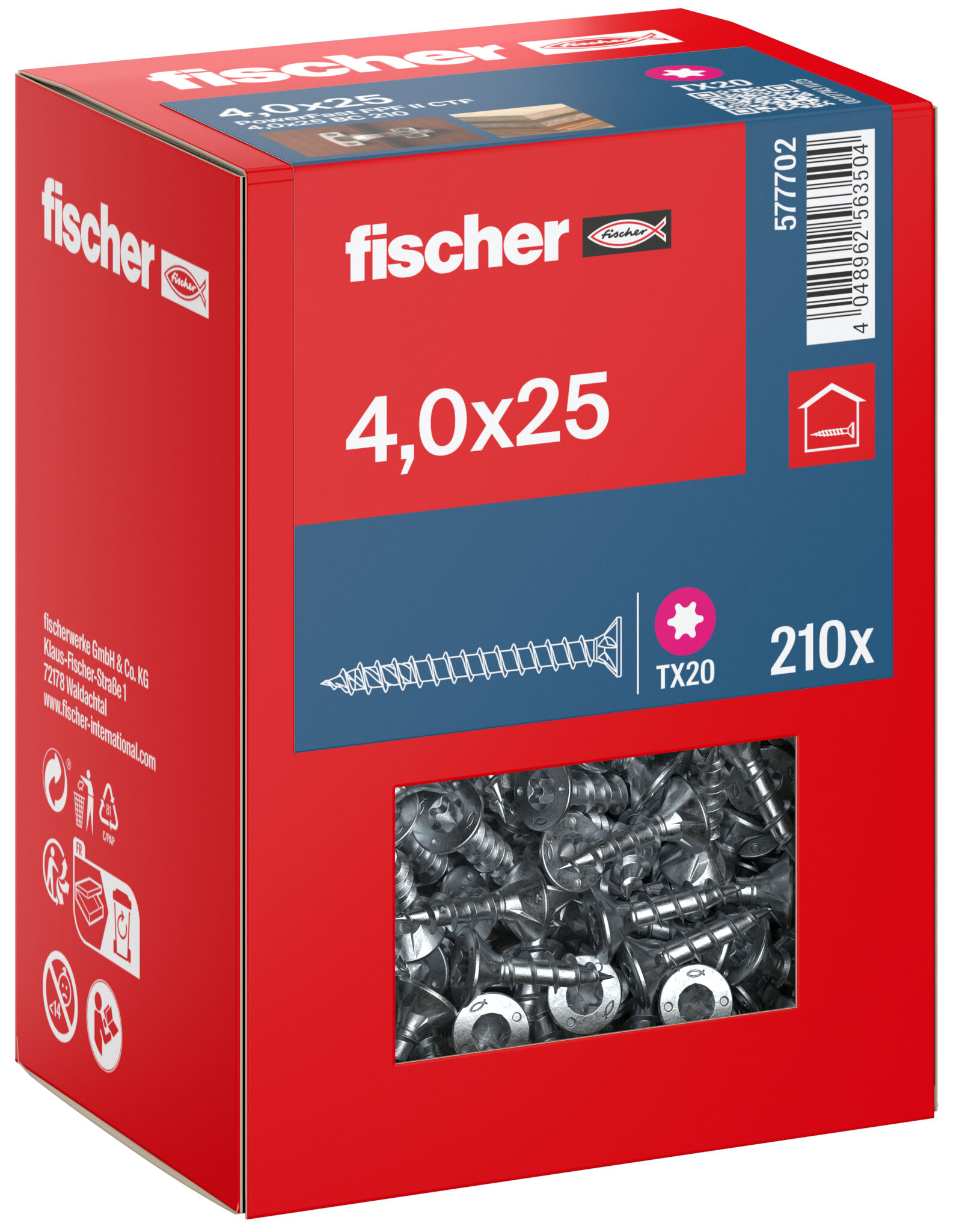 Packaging: "fischer chipboard screw PowerFast FPF II CTF 4.0 x 25 BC 210, countersunk head, TX drive, full thread, blue passivated"