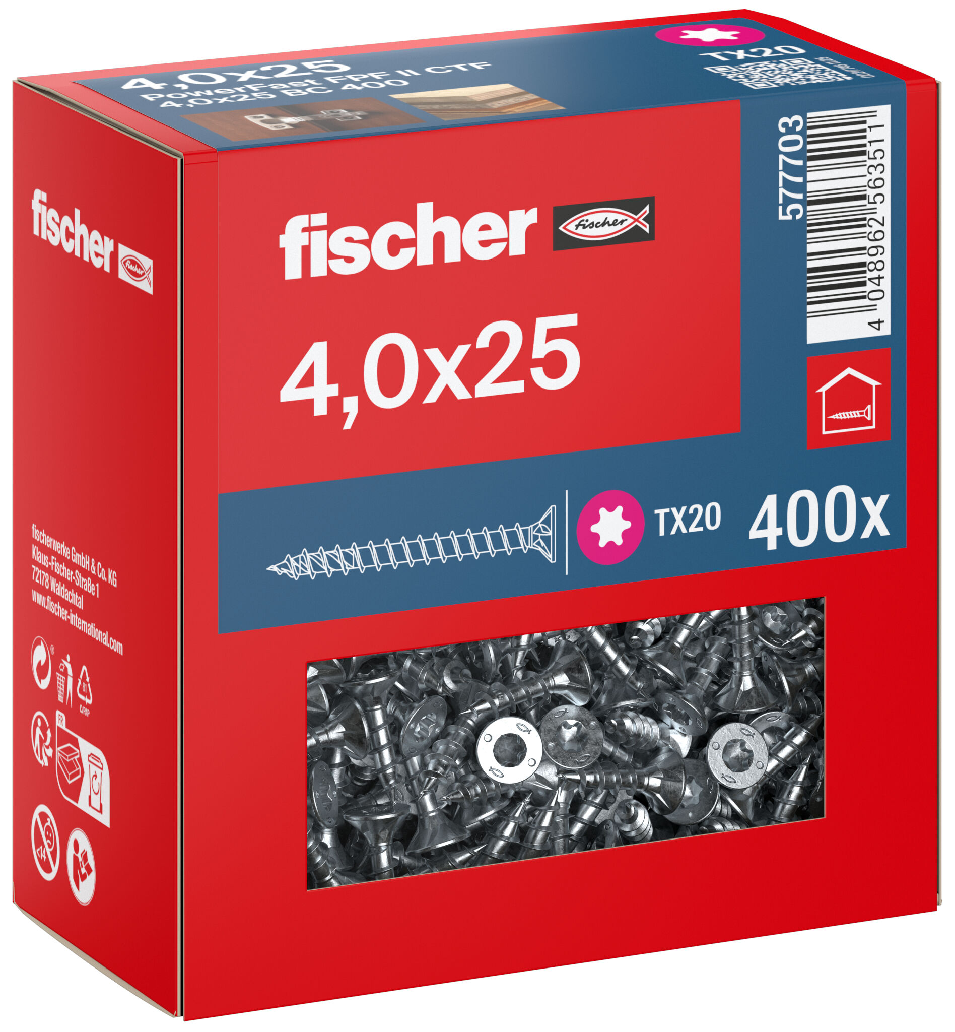 Packaging: "fischer chipboard screw PowerFast FPF II CTF 4.0 x 25 BC 400, countersunk head, TX drive, full thread, blue passivated"