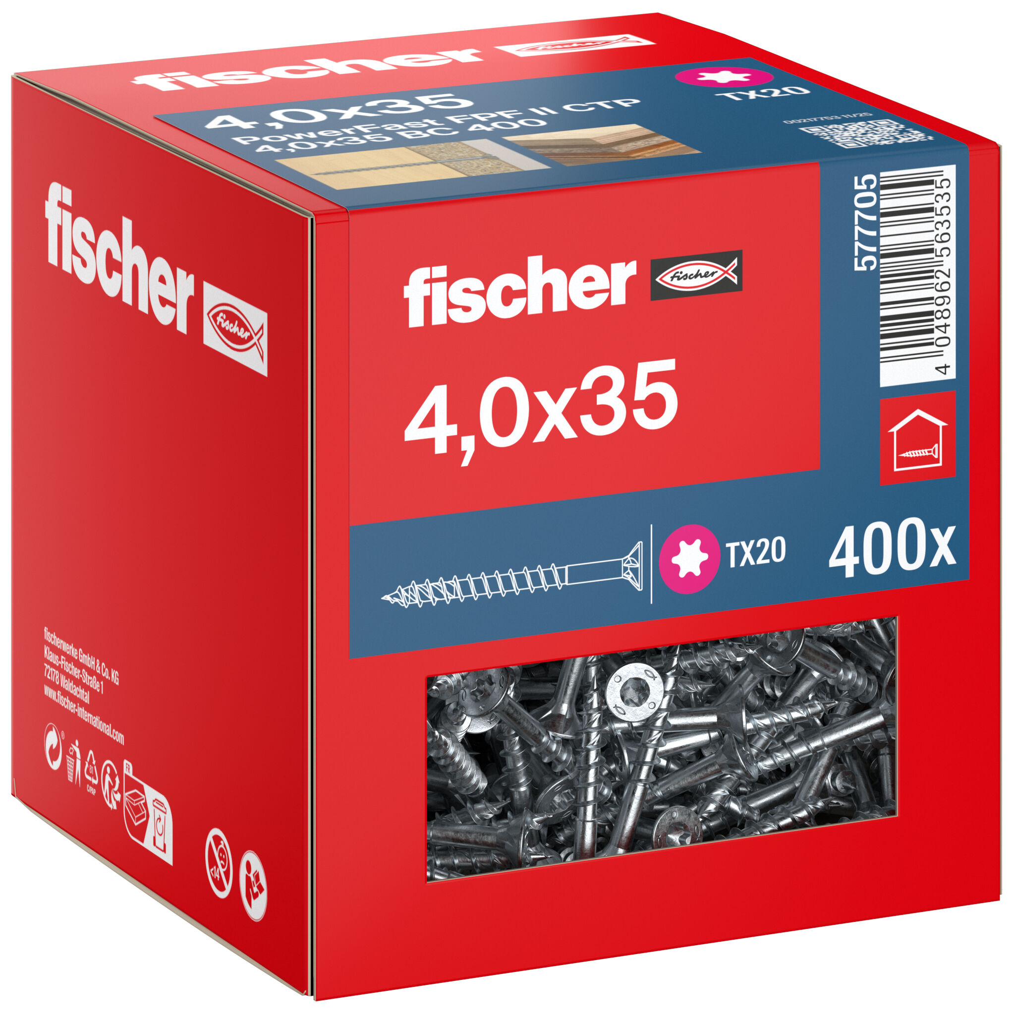 Packaging: "fischer chipboard screw PowerFast FPF II CTP 4.0 x 35 BC 400, countersunk head, TX drive, part thread, blue passivated"