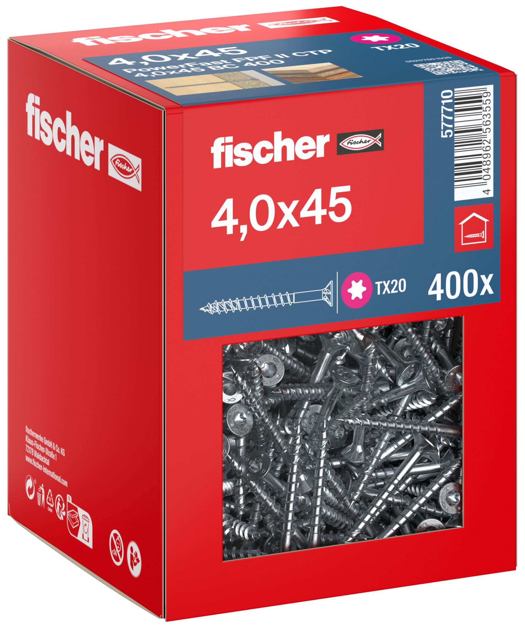 Packaging: "fischer chipboard screw PowerFast FPF II CTP 4.0 x 45 BC 400, countersunk head, TX drive, part thread, blue passivated"