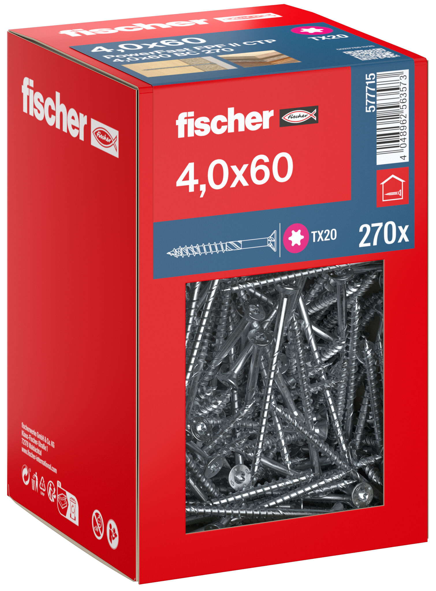 Packaging: "fischer chipboard screw PowerFast FPF II CTP 4.0 x 60 BC 270, countersunk head, TX drive, part thread, blue passivated"
