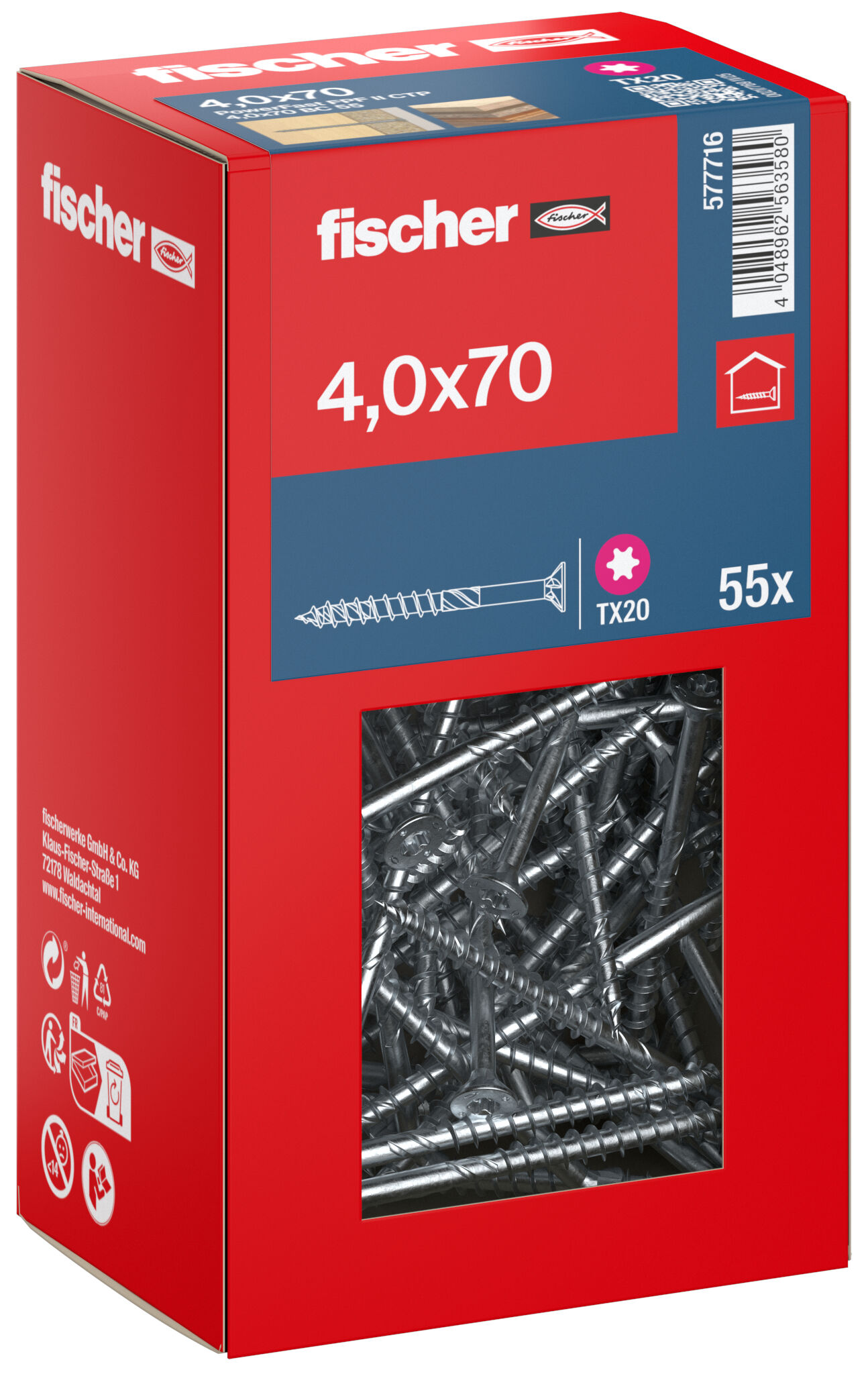 Packaging: "fischer chipboard screw PowerFast FPF II CTP 4.0 x 70 BC 55, countersunk head, TX drive, part thread, blue passivated"