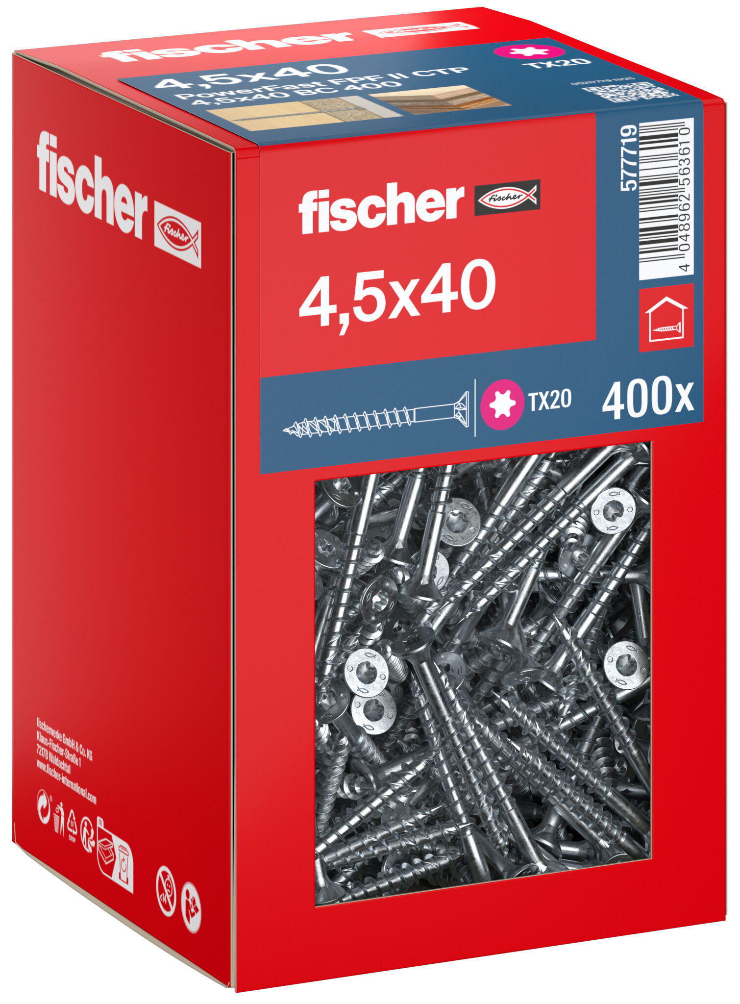 Packaging: "fischer chipboard screw PowerFast FPF II CTP 4.5 x 40 BC 400, countersunk head, TX drive, part thread, blue passivated"
