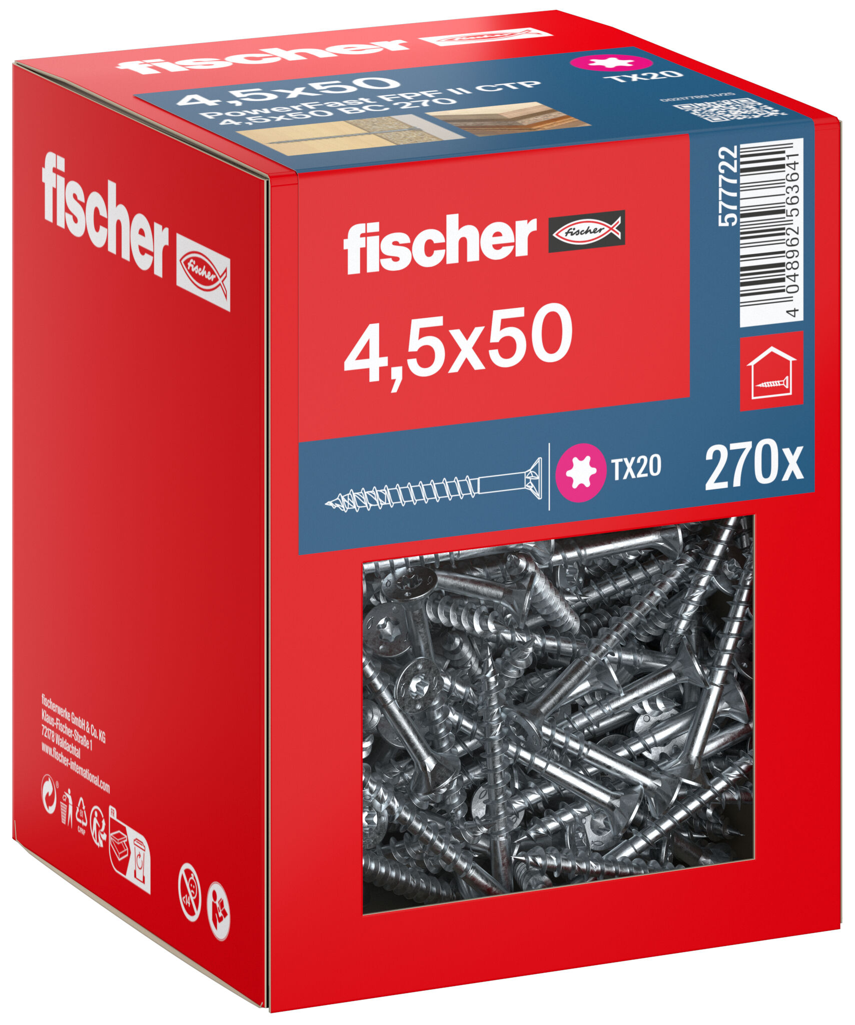 Packaging: "fischer chipboard screw PowerFast FPF II CTP 4.5 x 50 BC 270, countersunk head, TX drive, part thread, blue passivated"