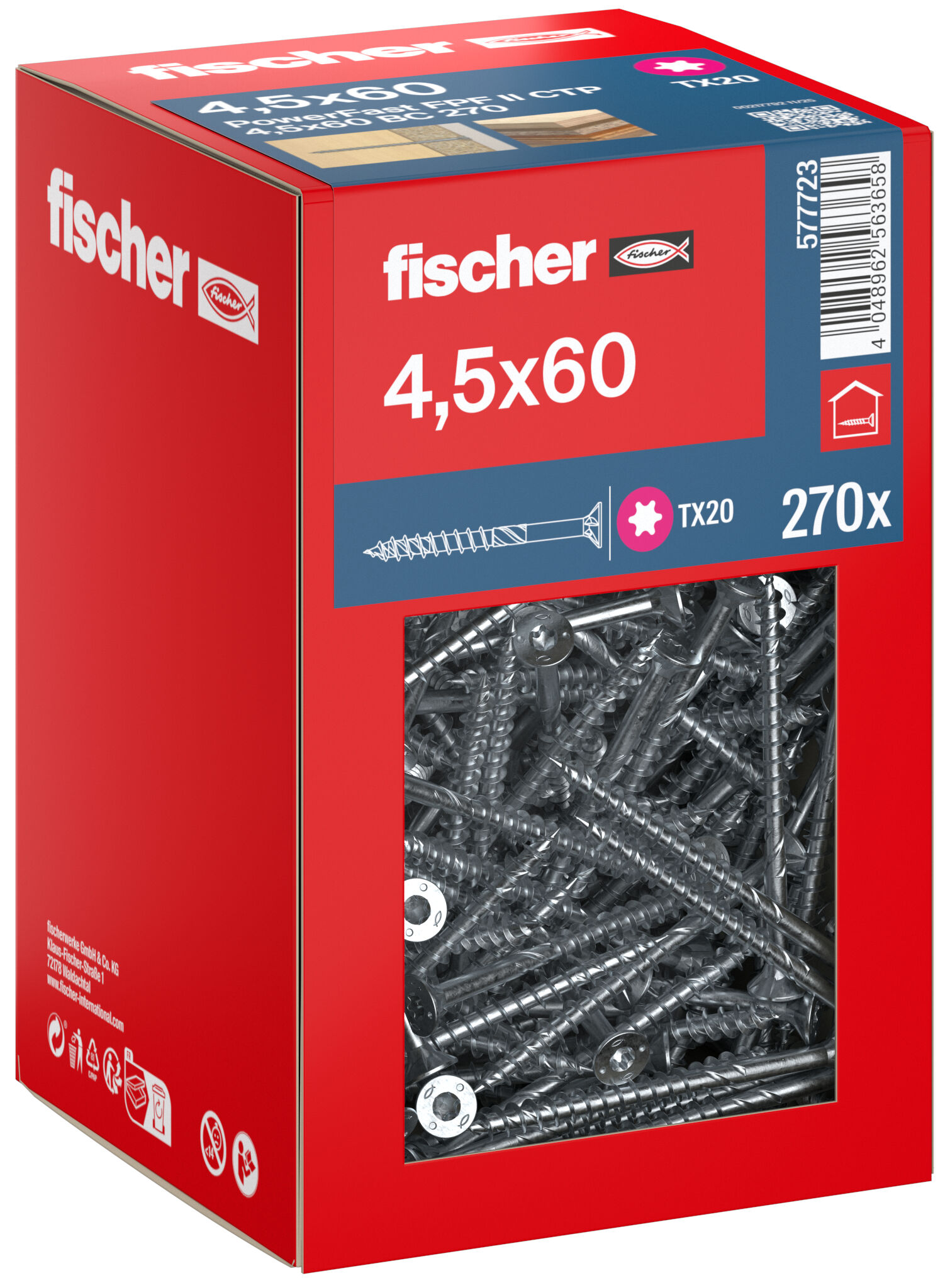 Packaging: "fischer chipboard screw PowerFast FPF II CTP 4.5 x 60 BC 270, countersunk head, TX drive, part thread, blue passivated"