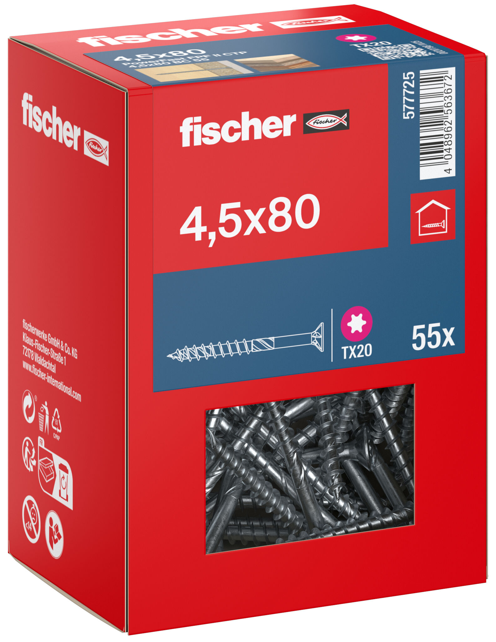 Packaging: "fischer chipboard screw PowerFast FPF II CTP 4.5 x 80 BC 55, countersunk head, TX drive, part thread, blue passivated"