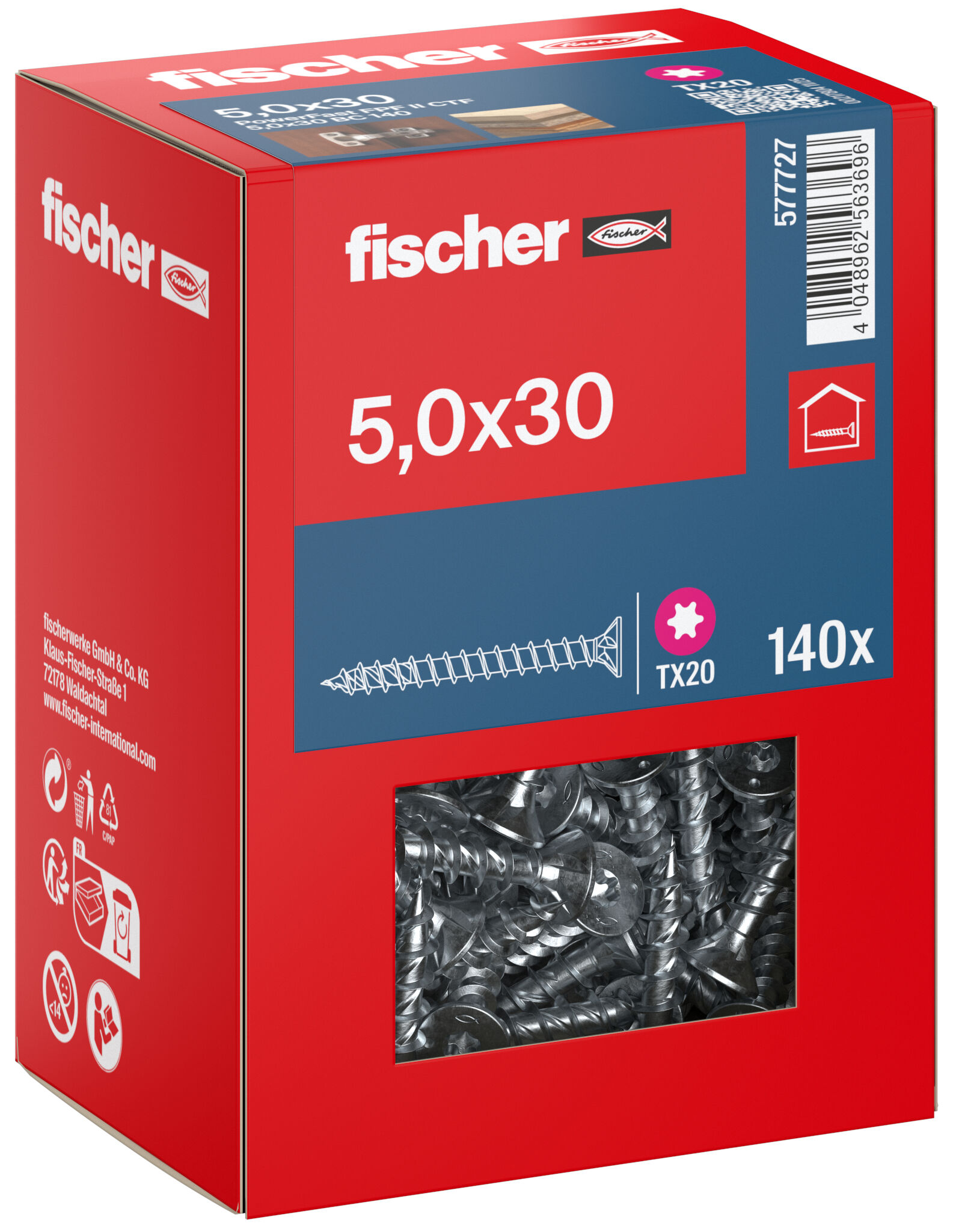 Packaging: "fischer chipboard screw PowerFast FPF II CTF 5.0 x 30 BC 140, countersunk head, TX drive, full thread, blue passivated"