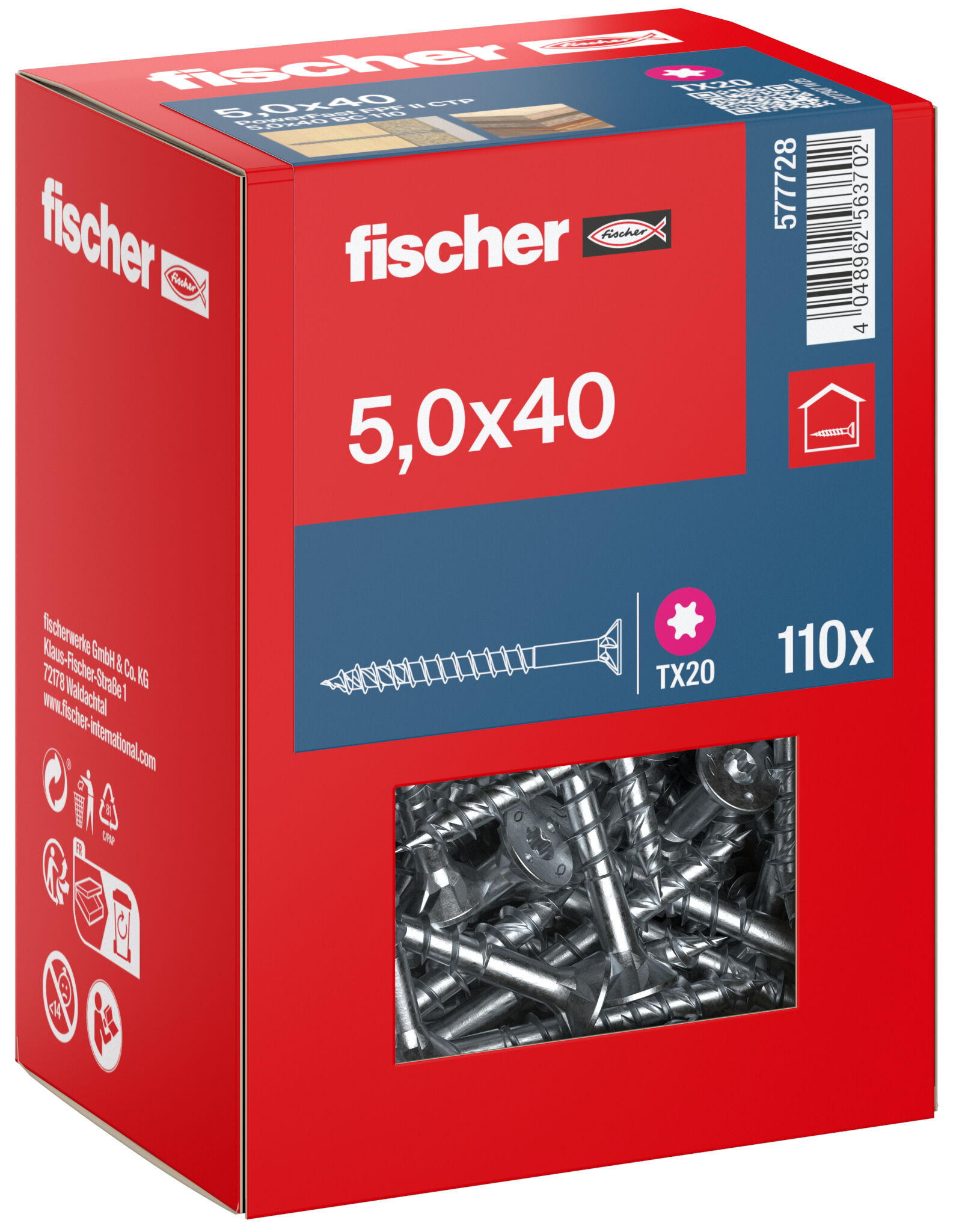 Packaging: "fischer chipboard screw PowerFast FPF II CTP 5.0 x 40 BC 110, countersunk head, TX drive, part thread, blue passivated"