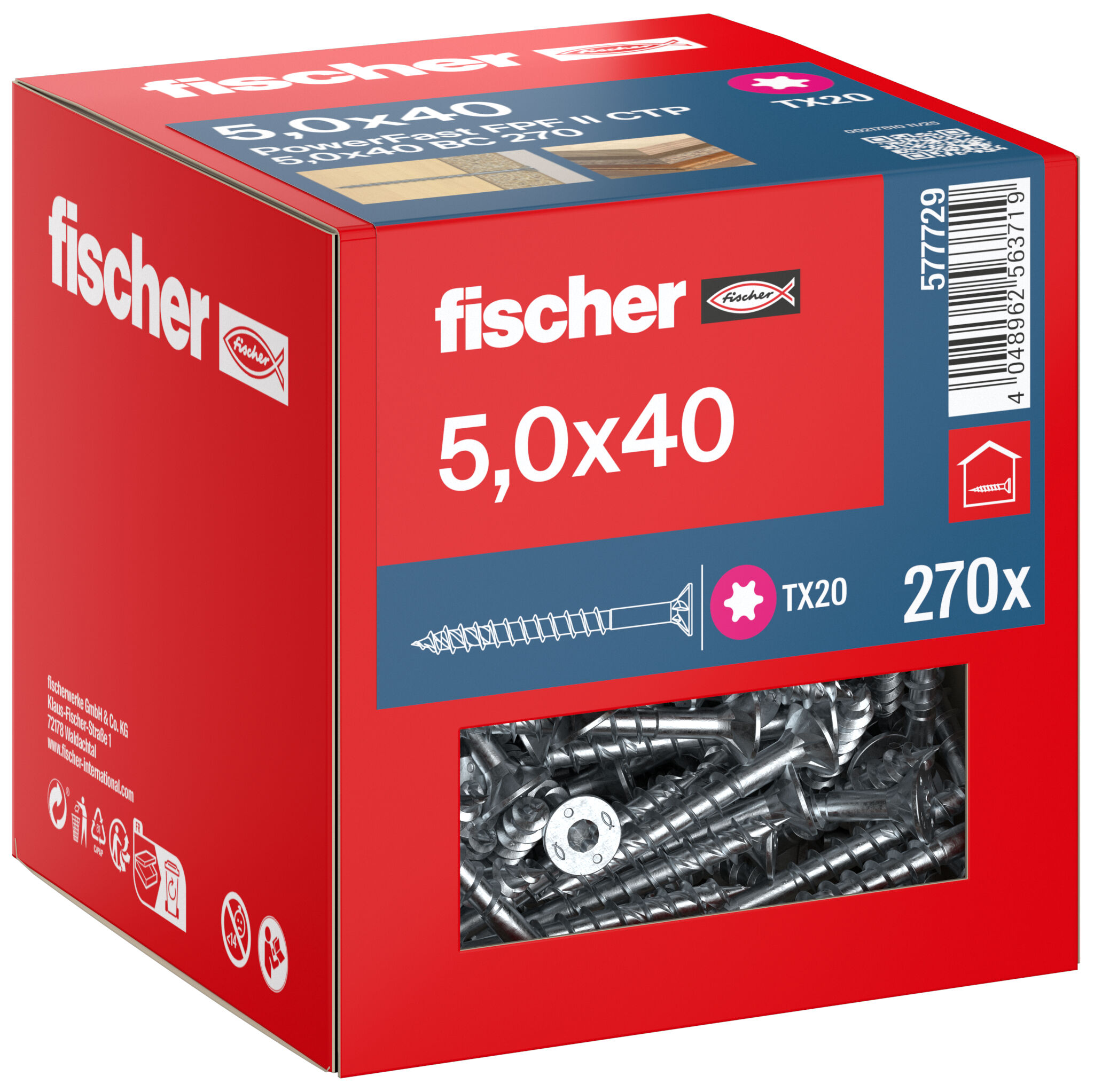 Packaging: "fischer chipboard screw PowerFast FPF II CTP 5.0 x 40 BC 270, countersunk head, TX drive, part thread, blue passivated"