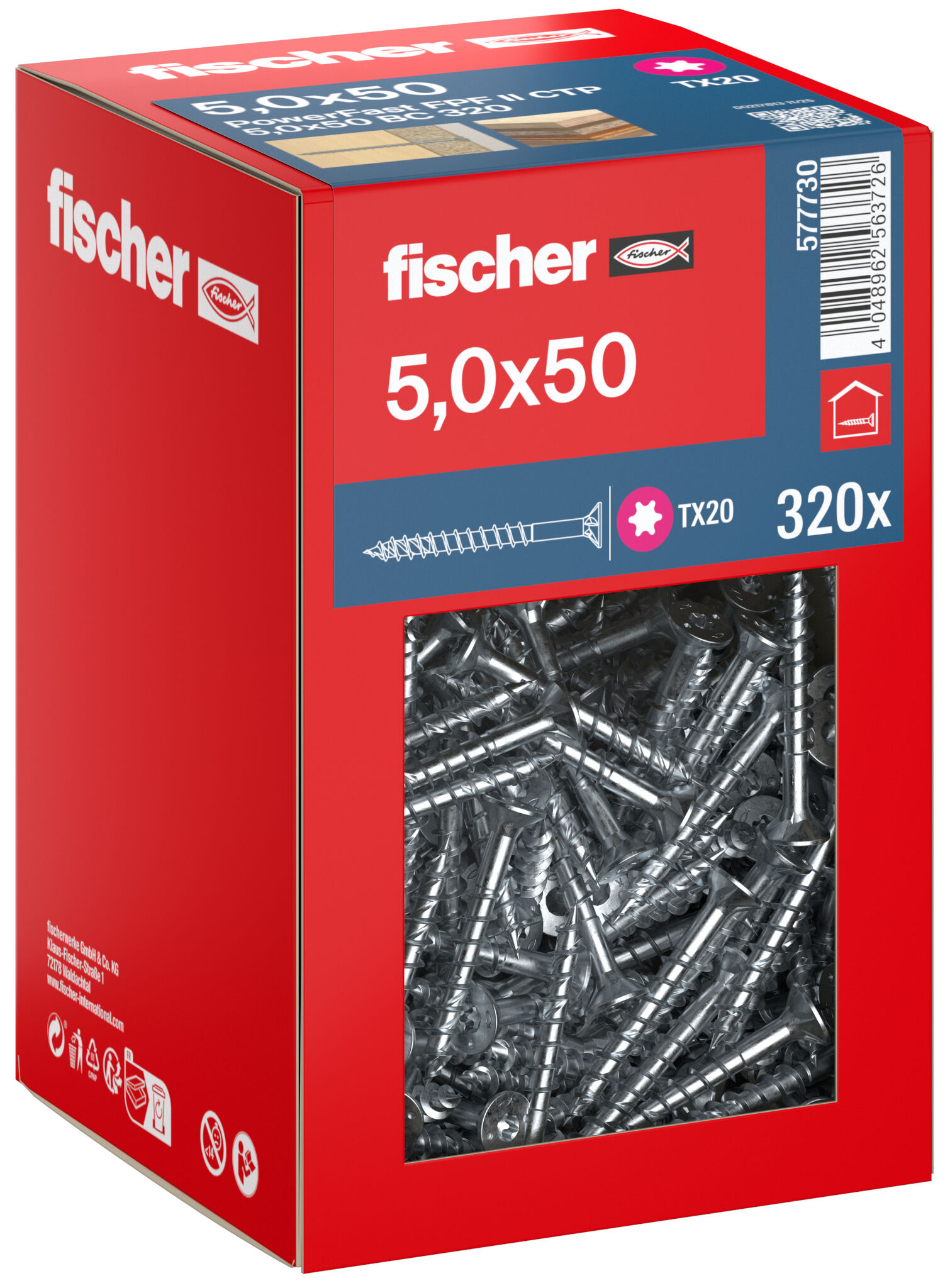 Packaging: "fischer chipboard screw PowerFast FPF II CTP 5.0 x 50 BC 320, countersunk head, TX drive, part thread, blue passivated"