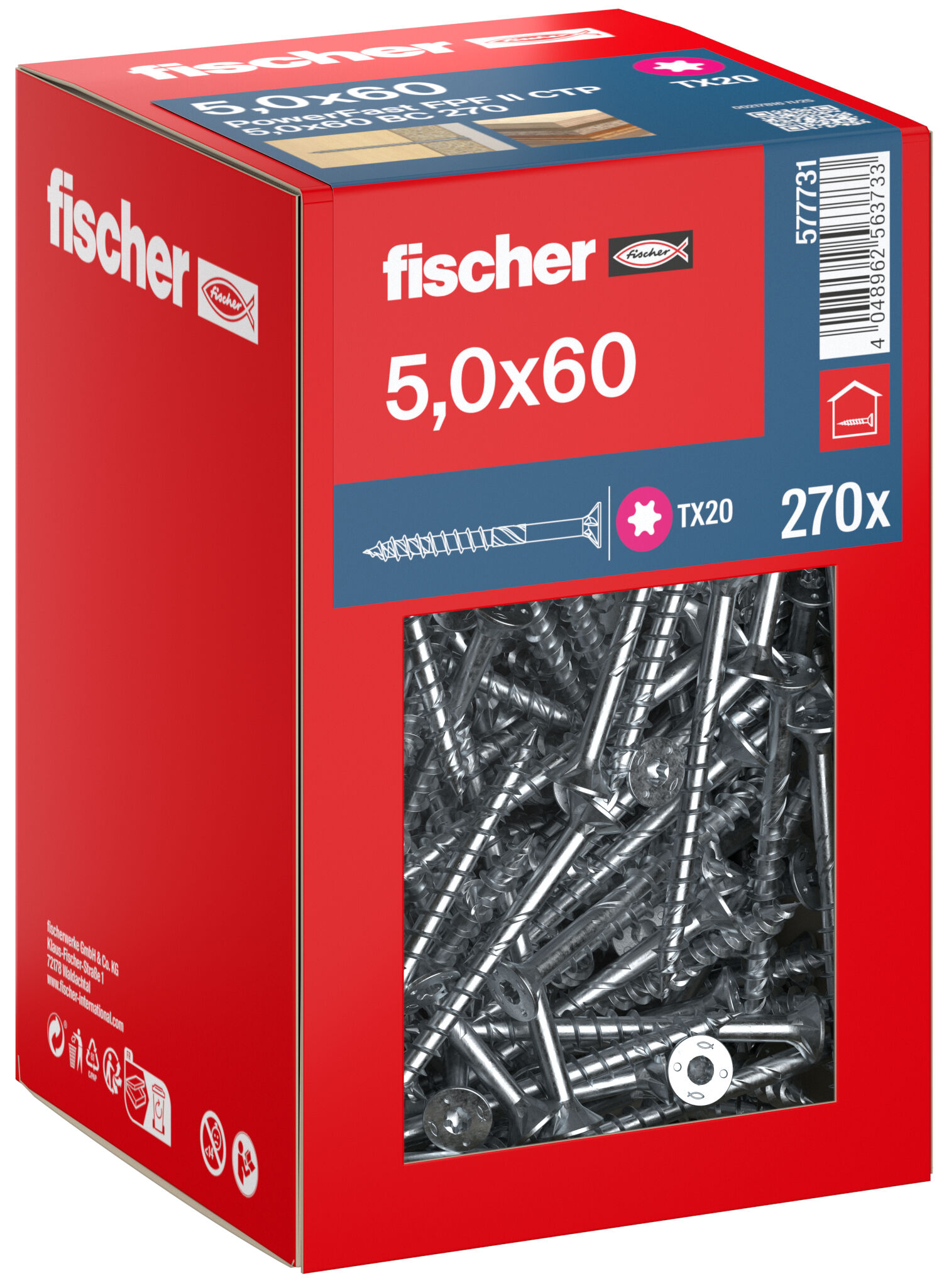 Packaging: "fischer chipboard screw PowerFast FPF II CTP 5.0 x 60 BC 270, countersunk head, TX drive, part thread, blue passivated"