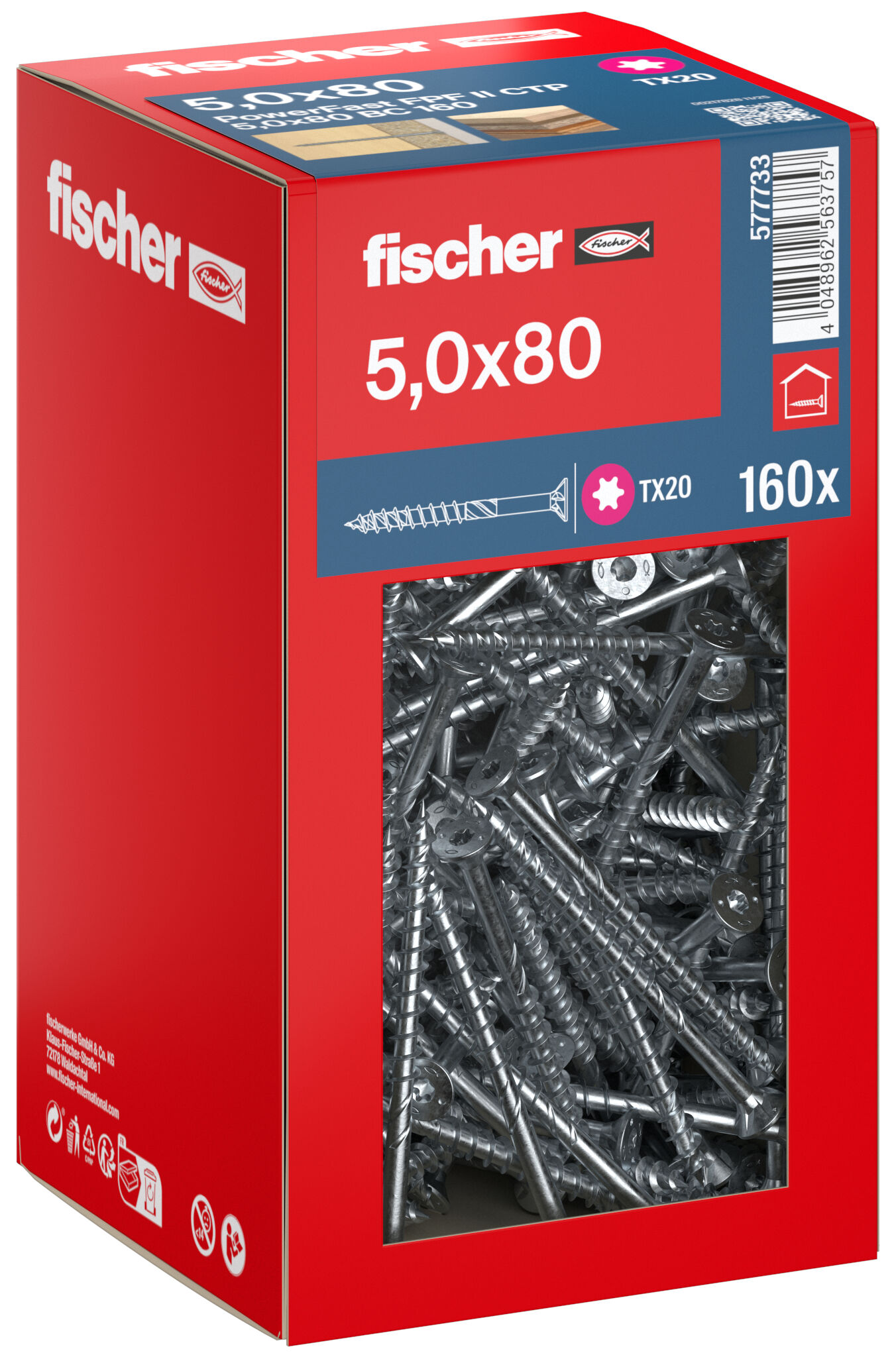 Packaging: "fischer chipboard screw PowerFast FPF II CTP 5.0 x 80 BC 160, countersunk head, TX drive, part thread, blue passivated"