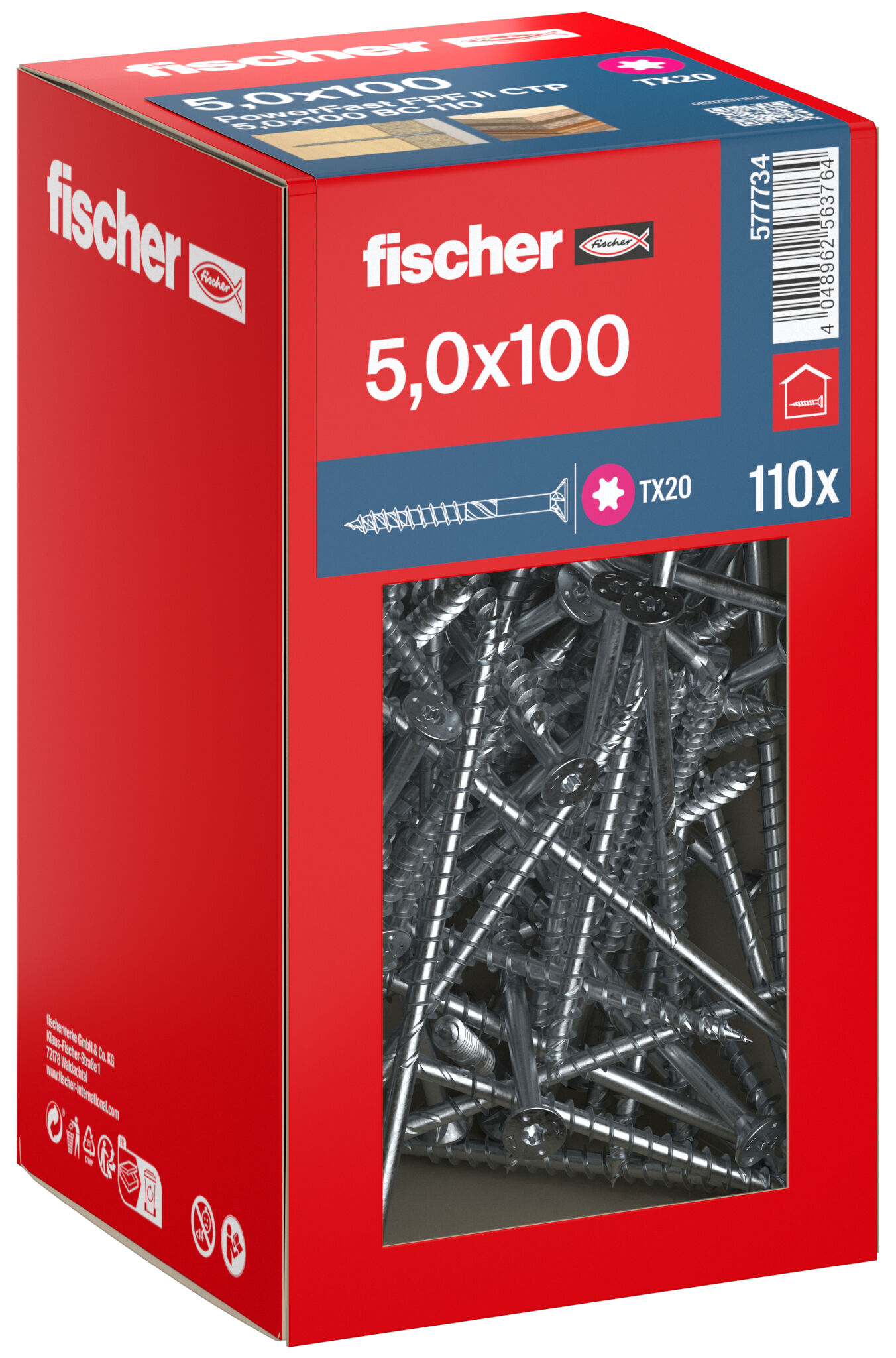 Packaging: "fischer chipboard screw PowerFast FPF II CTP 5.0 x 100 BC 110, countersunk head, TX drive, part thread, blue passivated"