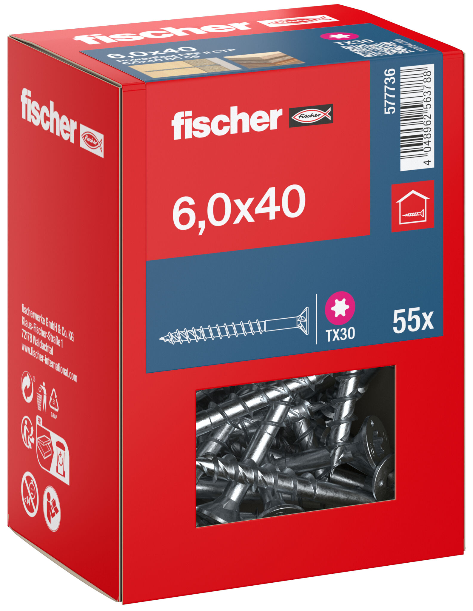 Packaging: "fischer chipboard screw PowerFast FPF II CTP 6.0 x 40 BC 55, countersunk head, TX drive, part thread, blue passivated"