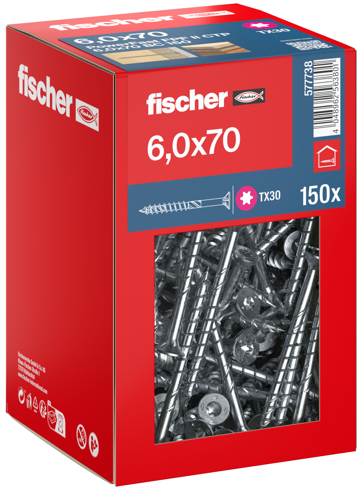 Packaging: "fischer chipboard screw PowerFast FPF II CTP 6.0 x 70 BC 150, countersunk head, TX drive, part thread, blue passivated"