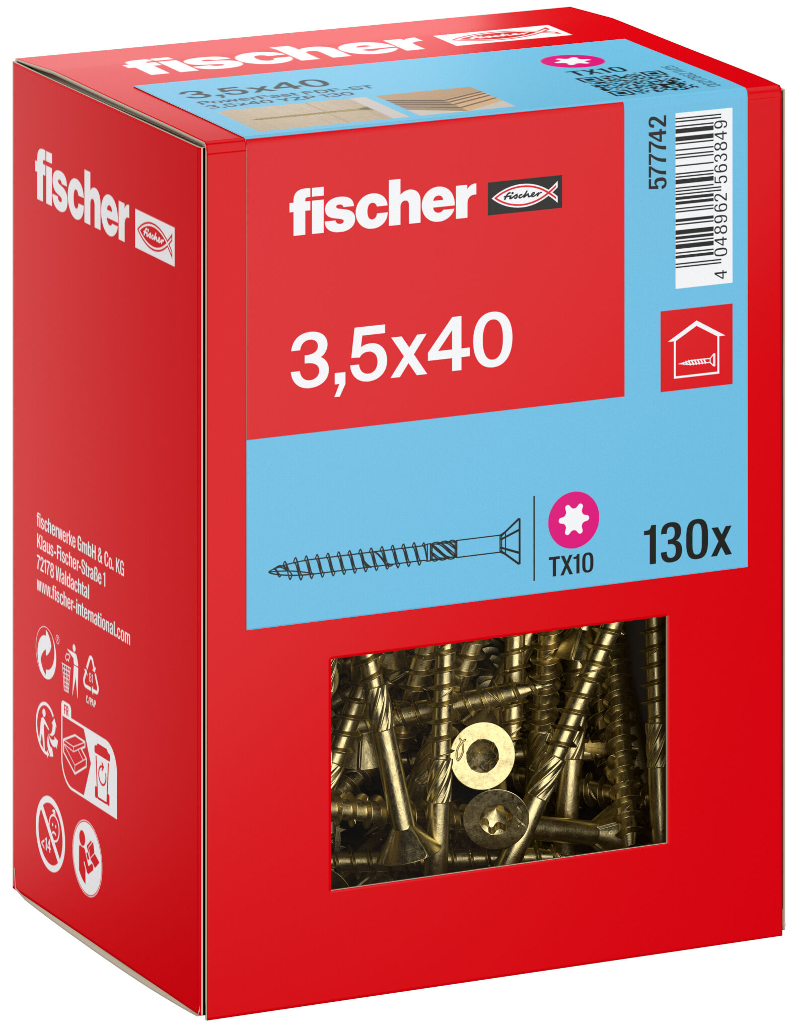 Packaging: "fischer MDF plate screw FDF-ST 3.5 x 40 YZP 130, countersunk head, TX drive, part thread, yellow passivated"