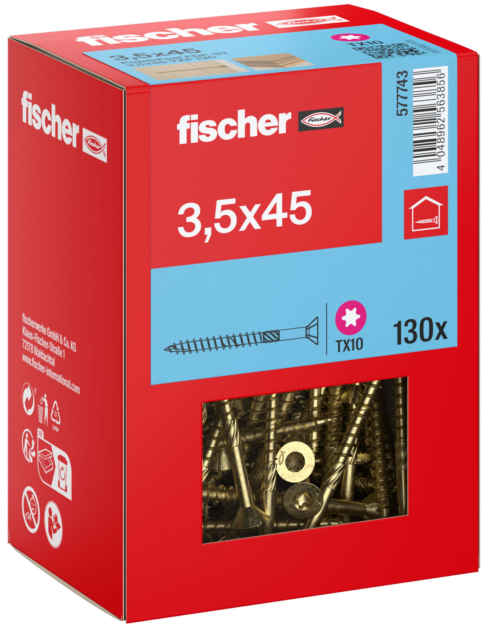 Packaging: "fischer MDF plate screw FDF-ST 3.5 x 45 YZP 130, countersunk head, TX drive, part thread, yellow passivated"