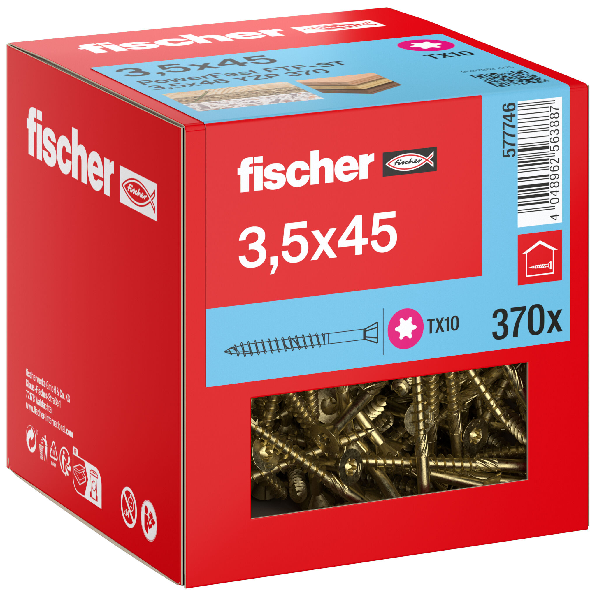 Packaging: "fischer floorboard screw PowerFast FTF-ST 3.5 x 45 YZP, countersunk head, part thread, TY star recess drive, yellow zinc plated"