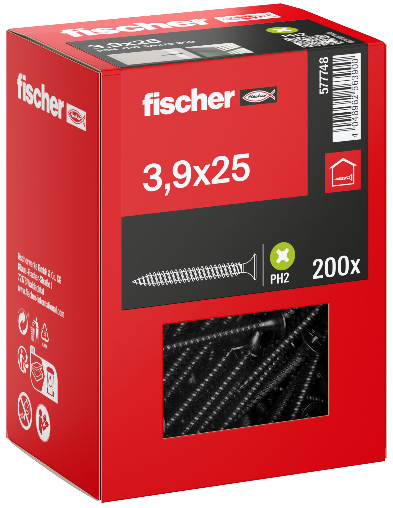 Packaging: "fischer drywall screw 3.9 x 25 trumpet shape head, GG, Phillips PH, black phosphated"