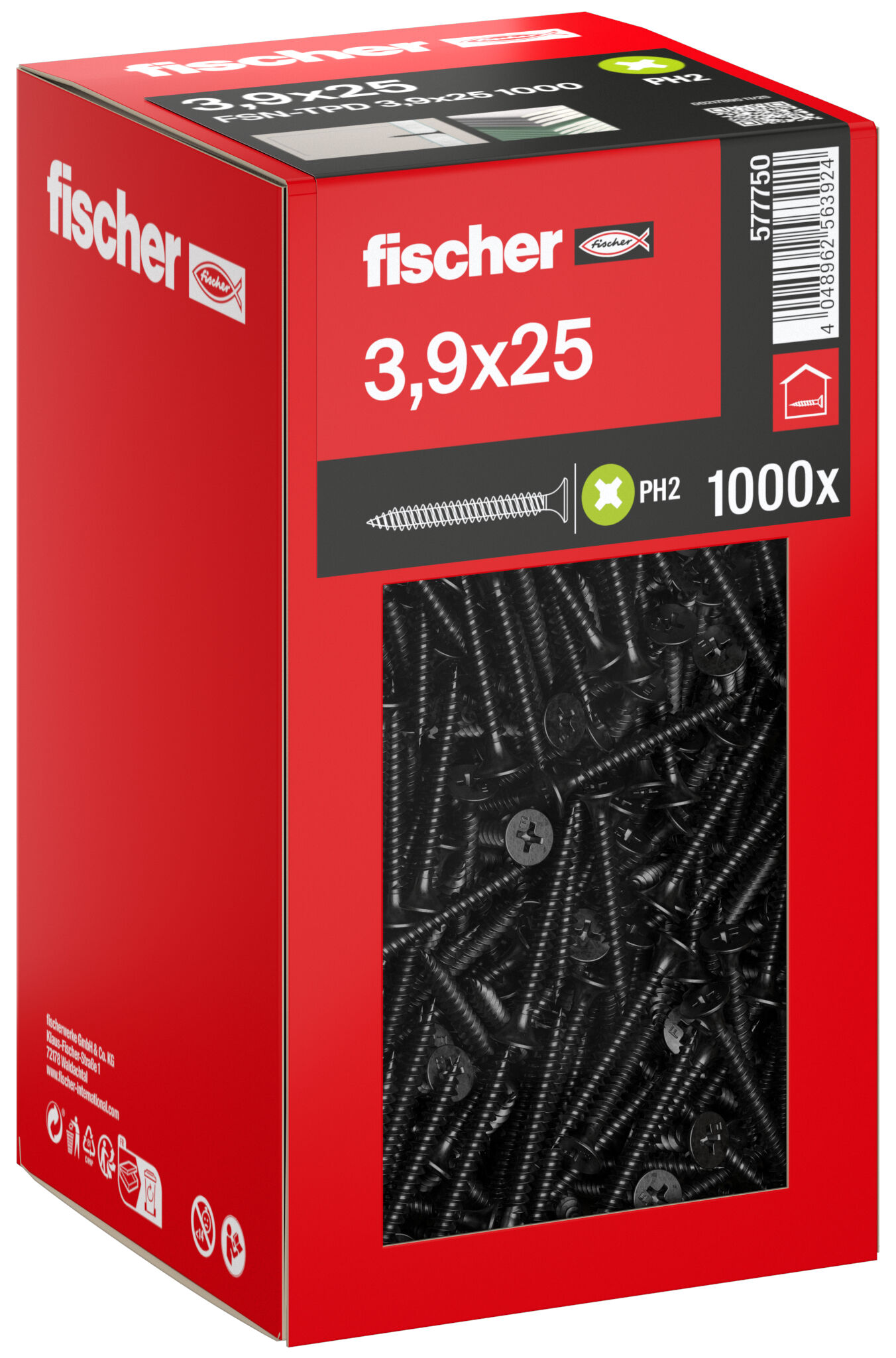 Packaging: "fischer drywall screw 3.9 x 25 trumpet shape head, GG, Phillips PH, black phosphated"