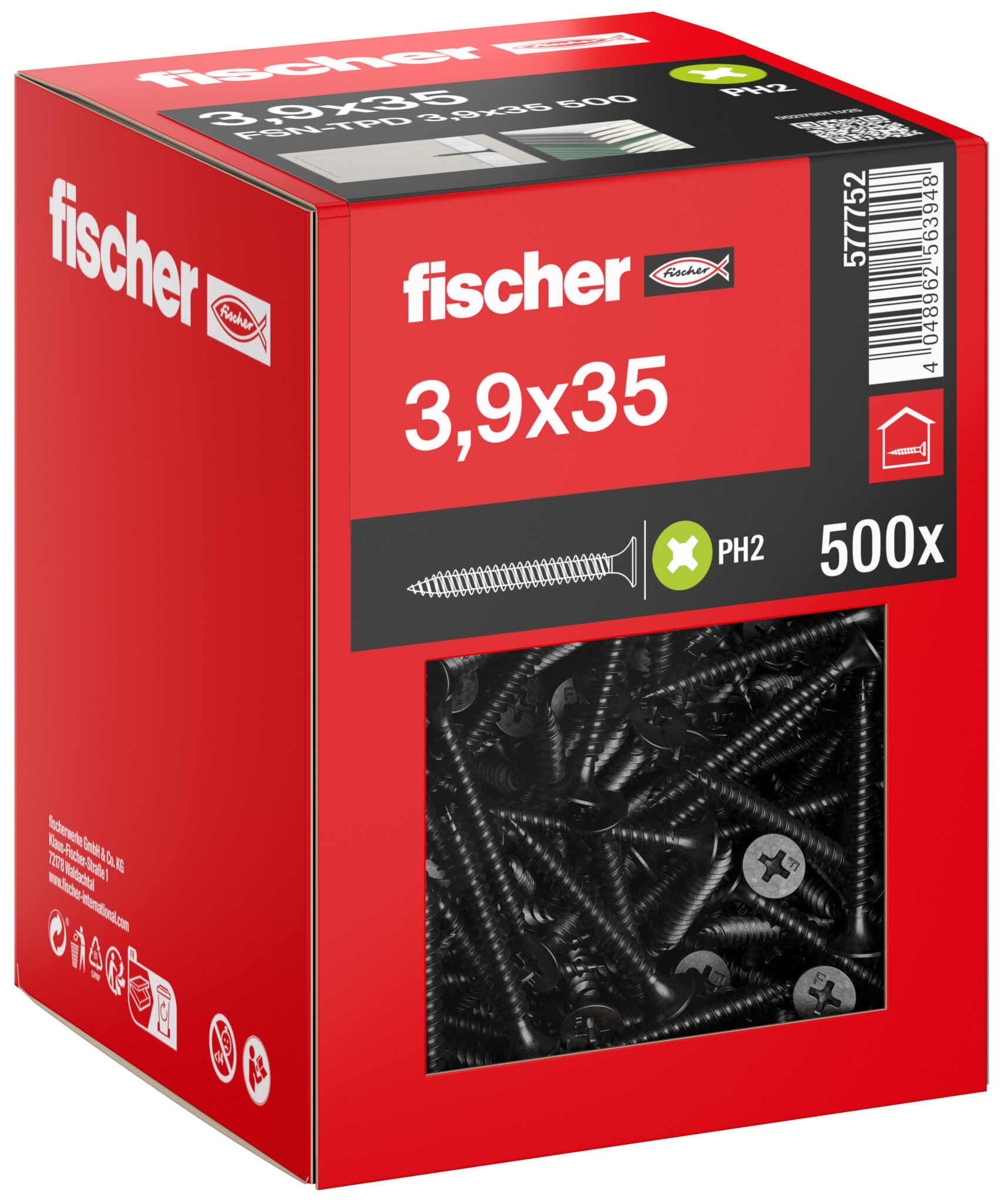 Packaging: "fischer drywall screw 3.9 x 35 trumpet shape head, GG, Phillips PH, black phosphated"