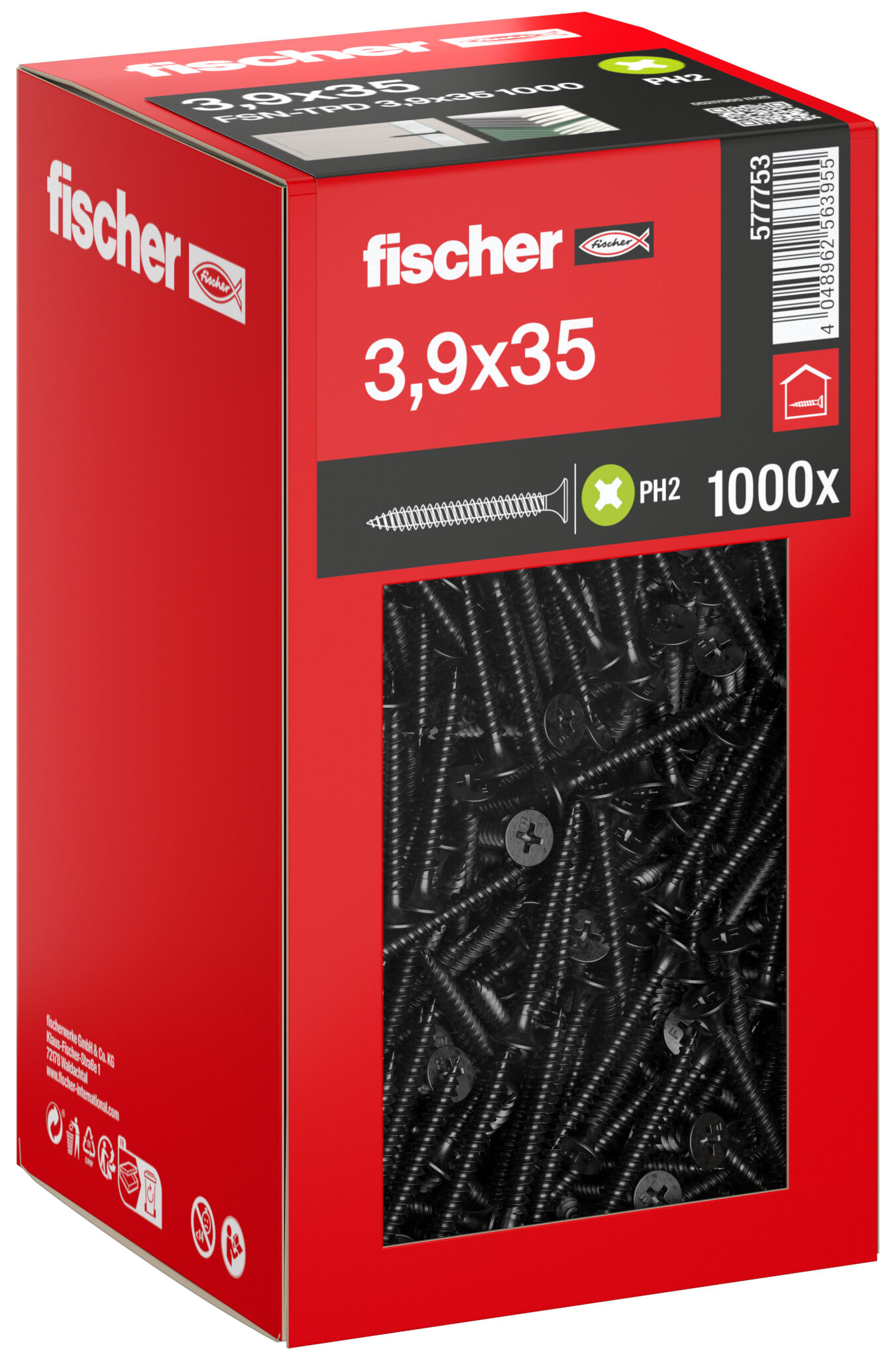 Packaging: "fischer drywall screw 3.9 x 35 trumpet shape head, GG, Phillips PH, black phosphated"