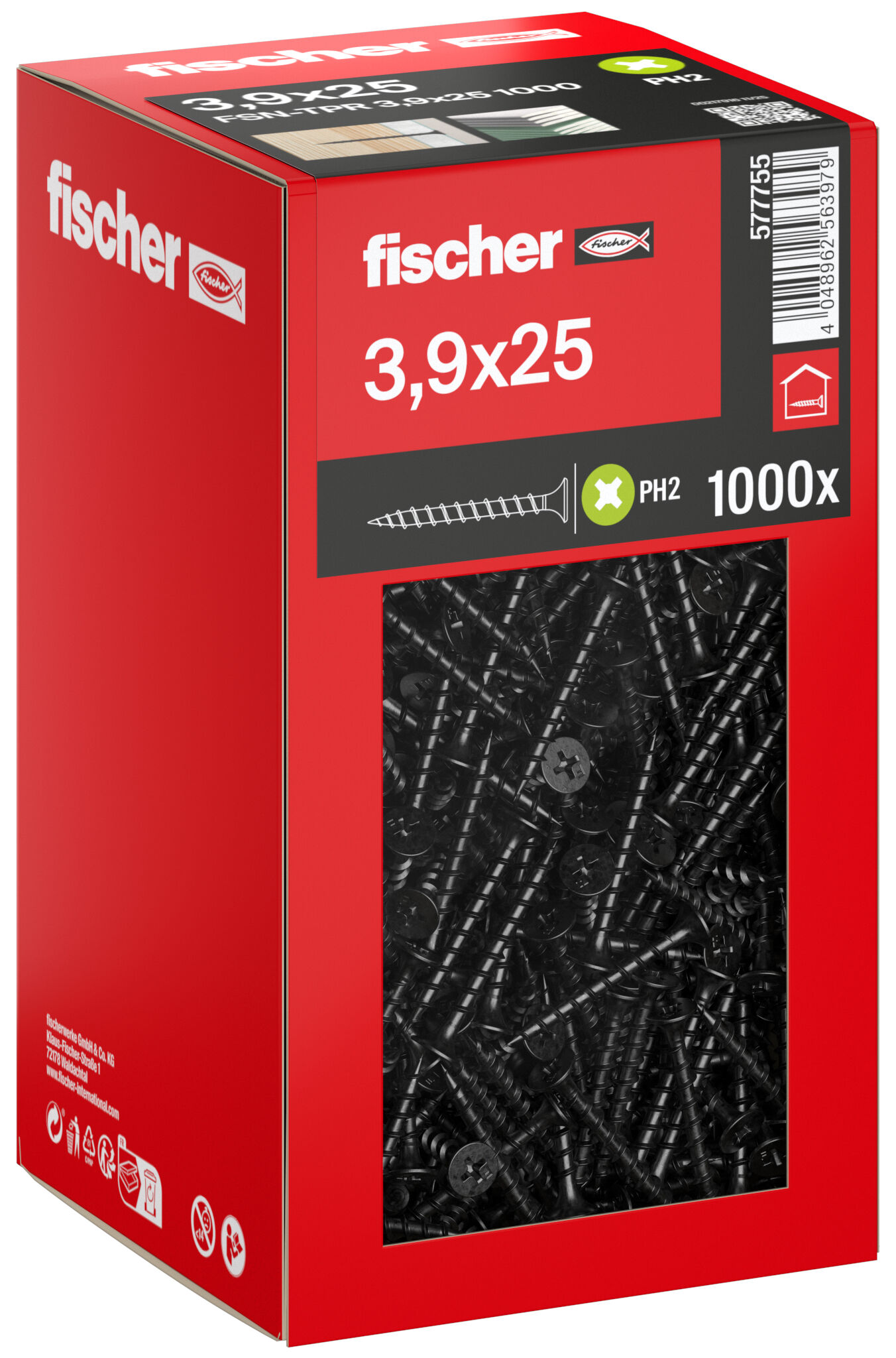 Packaging: "fischer drywall screw 3.9 x 25 trumpet shape head, GG, Phillips PH, black phosphated"