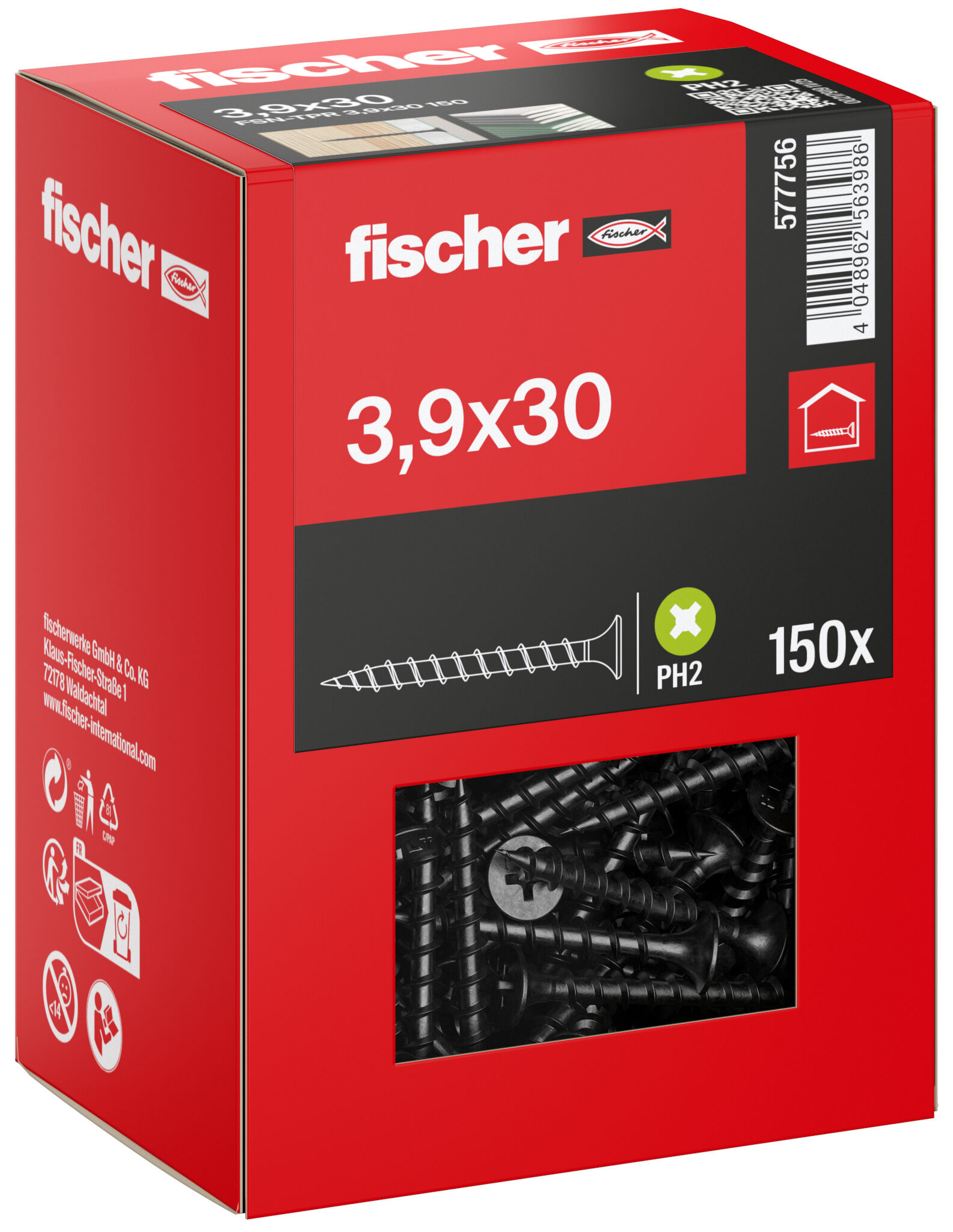 Packaging: "fischer drywall screw 3.9 x 30 trumpet shape head, GG, Phillips PH, black phosphated"