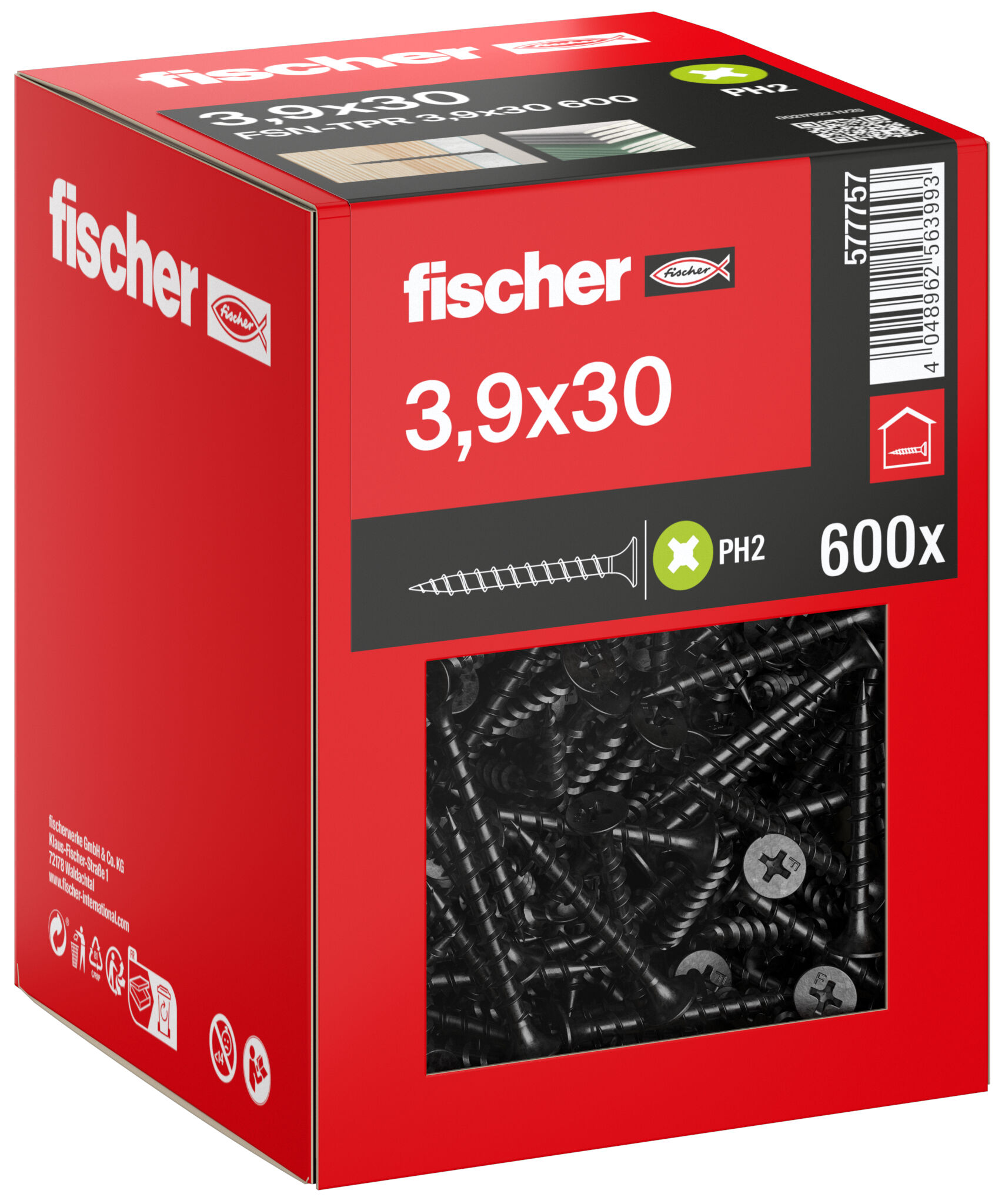 Packaging: "fischer drywall screw 3.9 x 30 trumpet shape head, GG, Phillips PH, black phosphated"