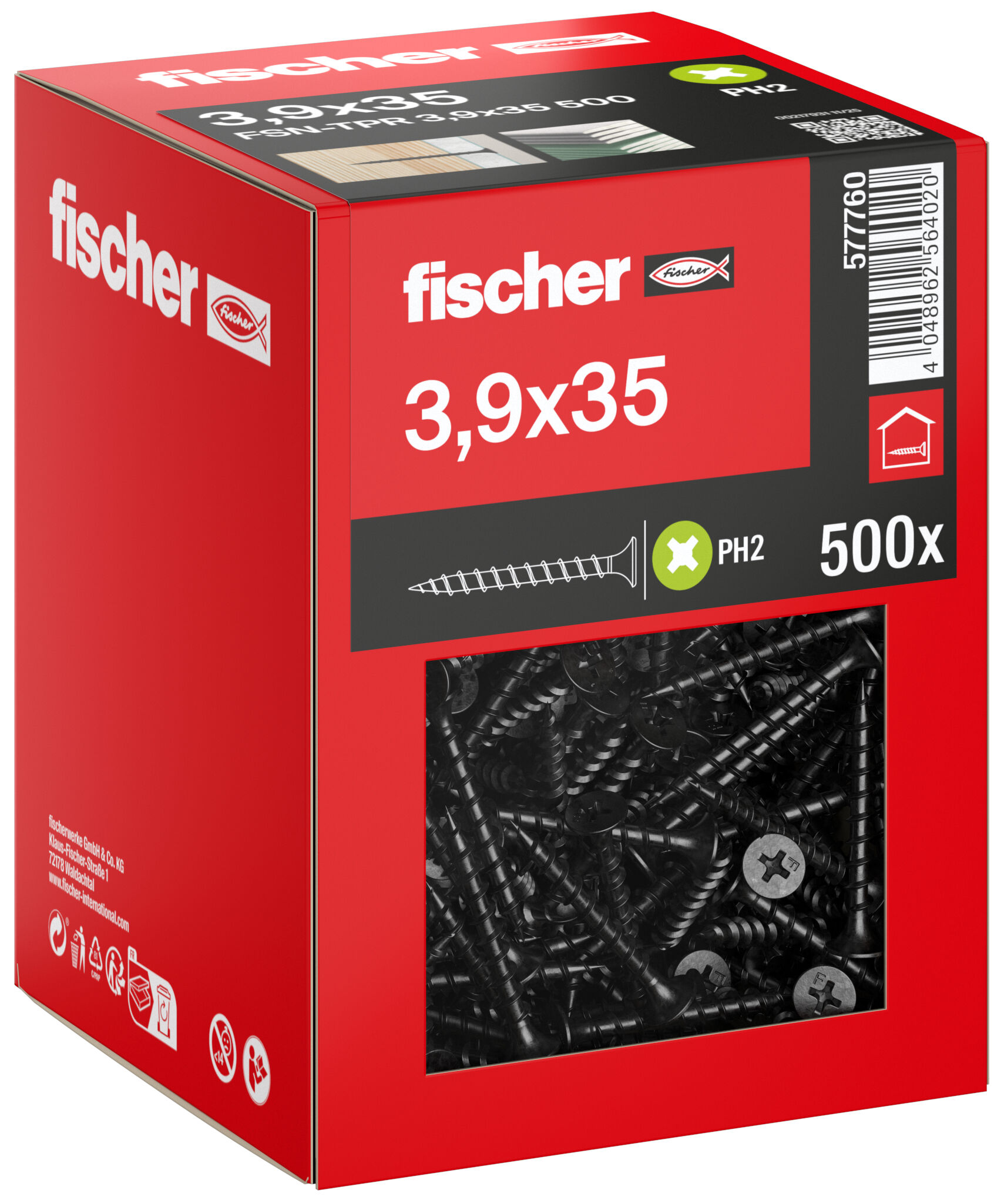 Packaging: "fischer drywall screw 3.9 x 35 trumpet shape head, GG, Phillips PH, black phosphated"