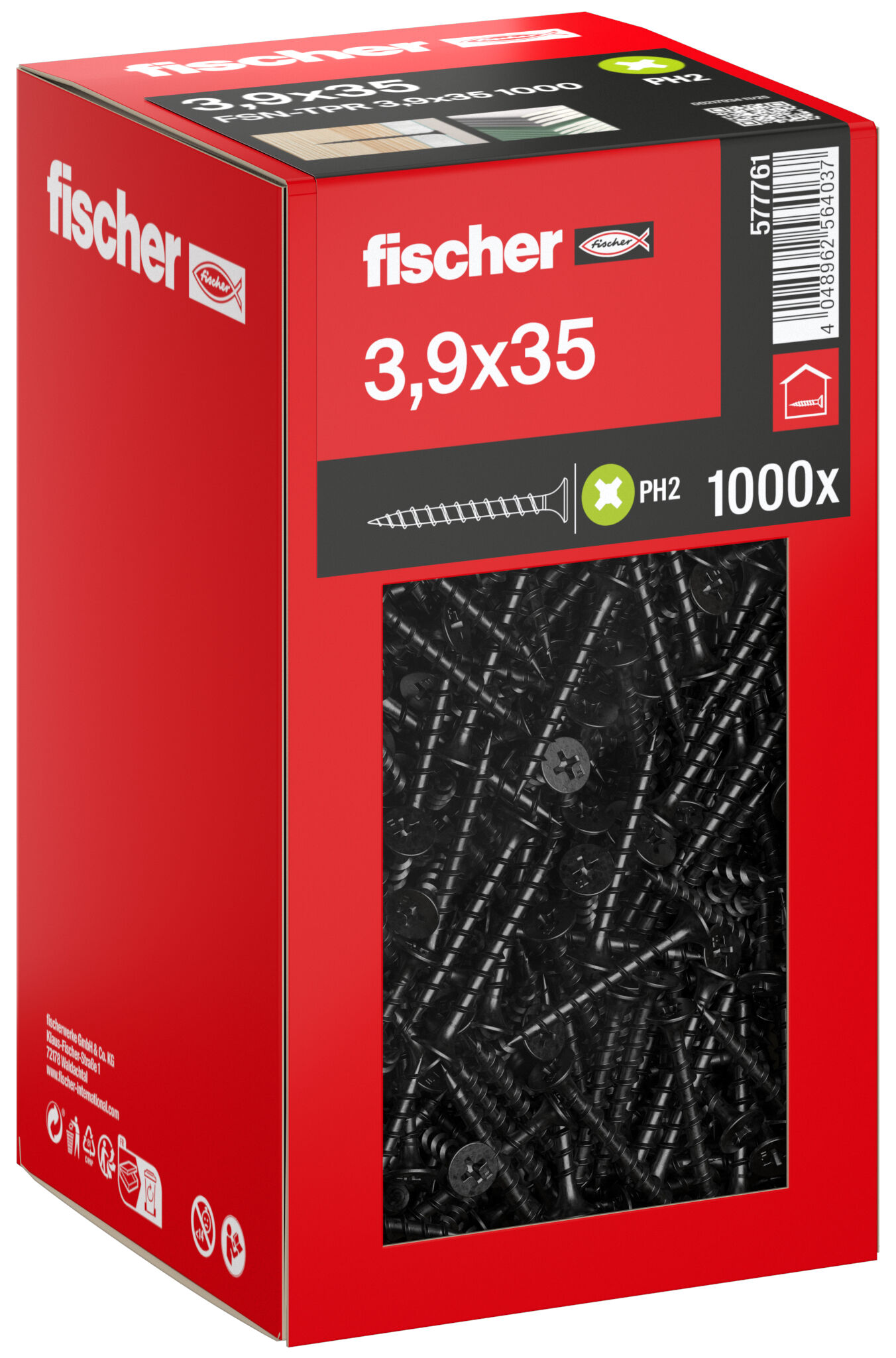 Packaging: "fischer drywall screw 3.9 x 35 trumpet shape head, GG, Phillips PH, black phosphated"