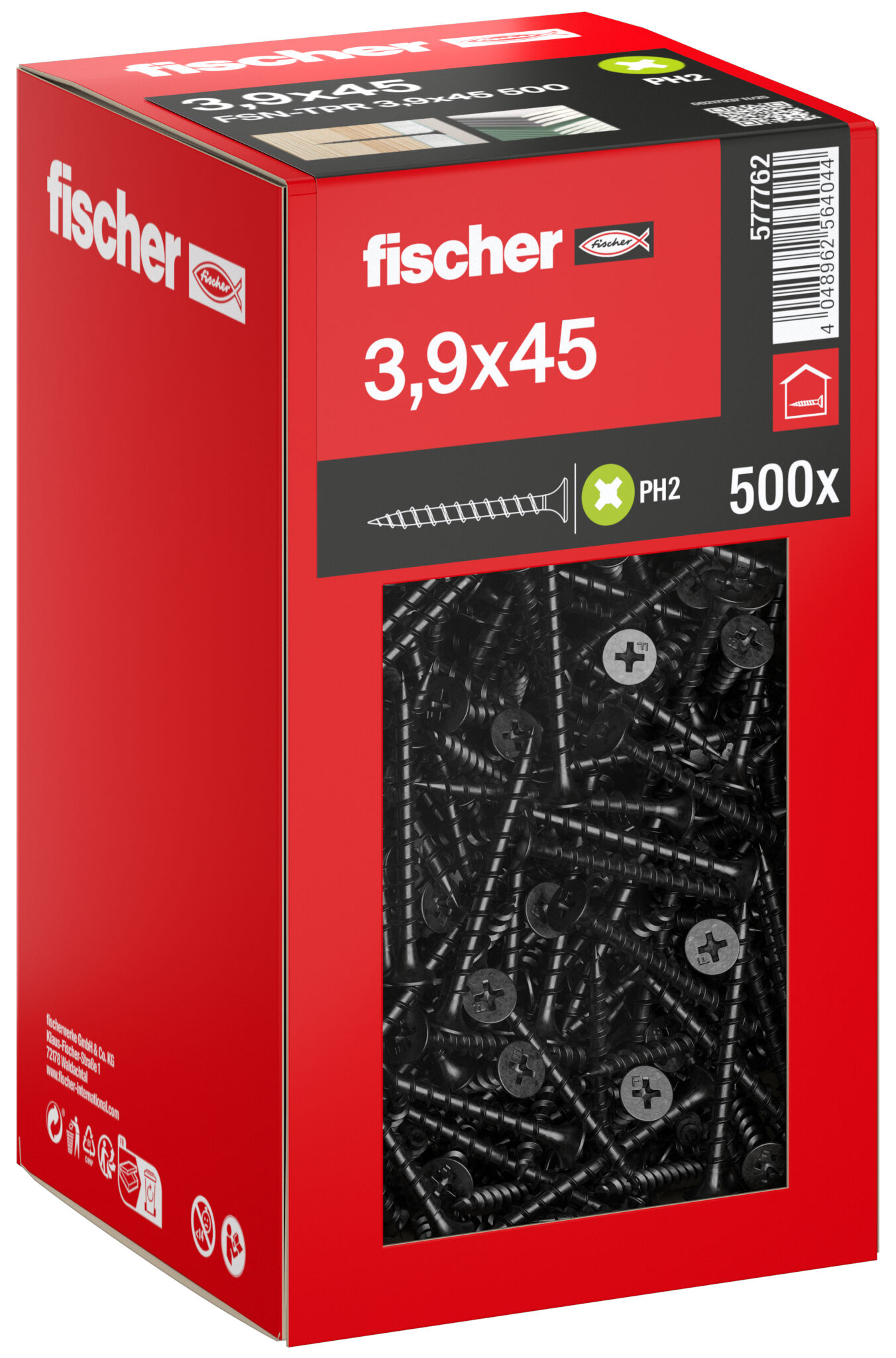 Packaging: "fischer drywall screw 3.9 x 45 trumpet shape head, GG, Phillips PH, black phosphated"