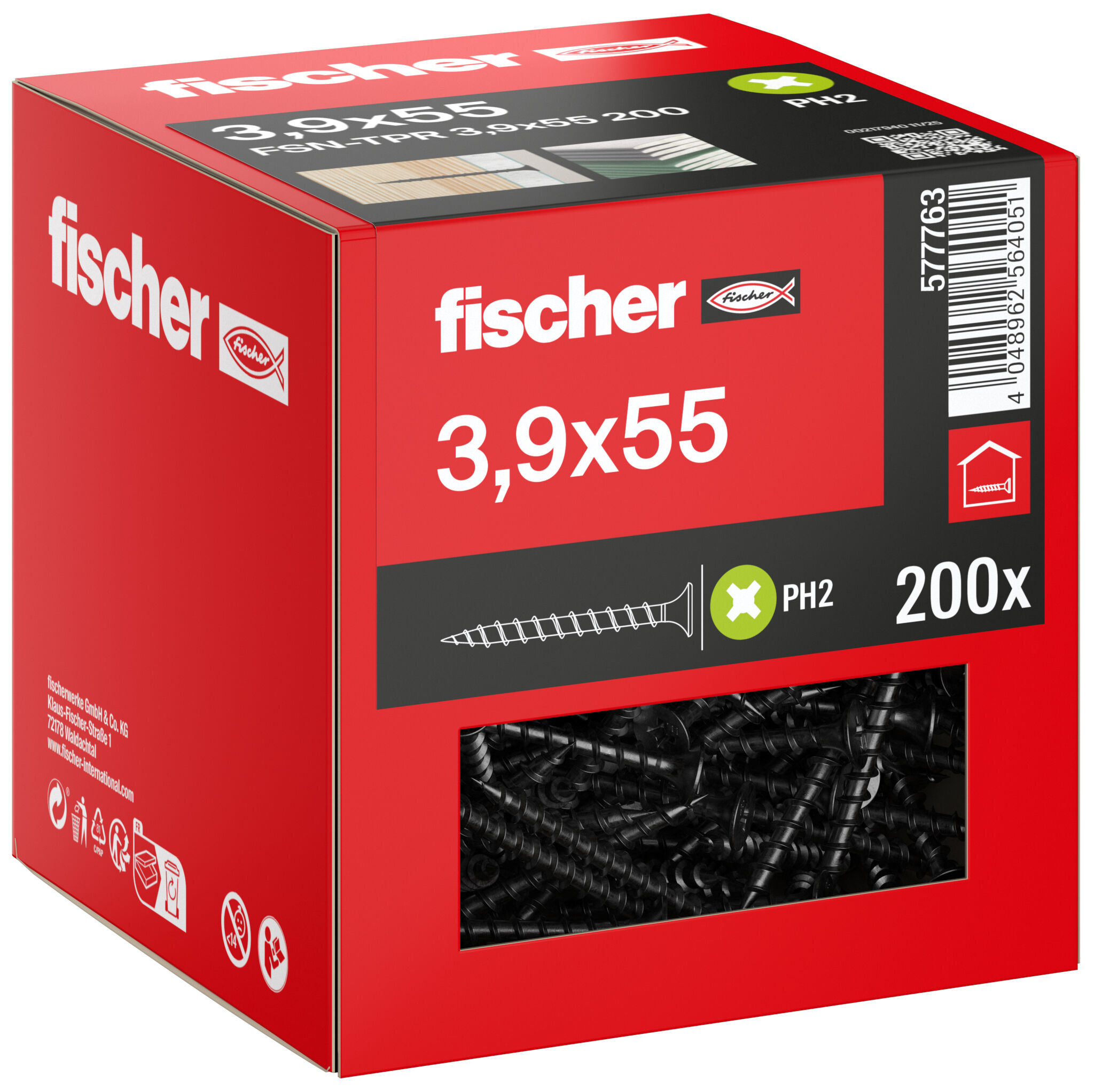 Packaging: "fischer drywall screw 3.9 x 55 trumpet shape head, GG, Phillips PH, black phosphated"