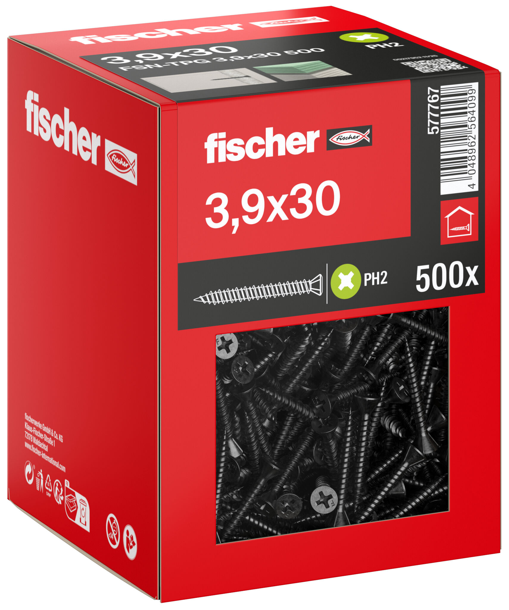 Packaging: "fischer Fermacell screw 3.9 x 30, countersunk head, full thread, Phillips PH, black phosphated"