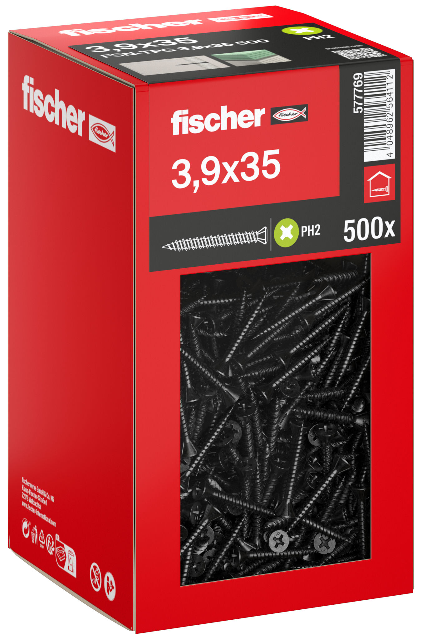 Packaging: "fischer Fermacell screw 3.9 x 35, countersunk head, full thread, Phillips PH, black phosphated"