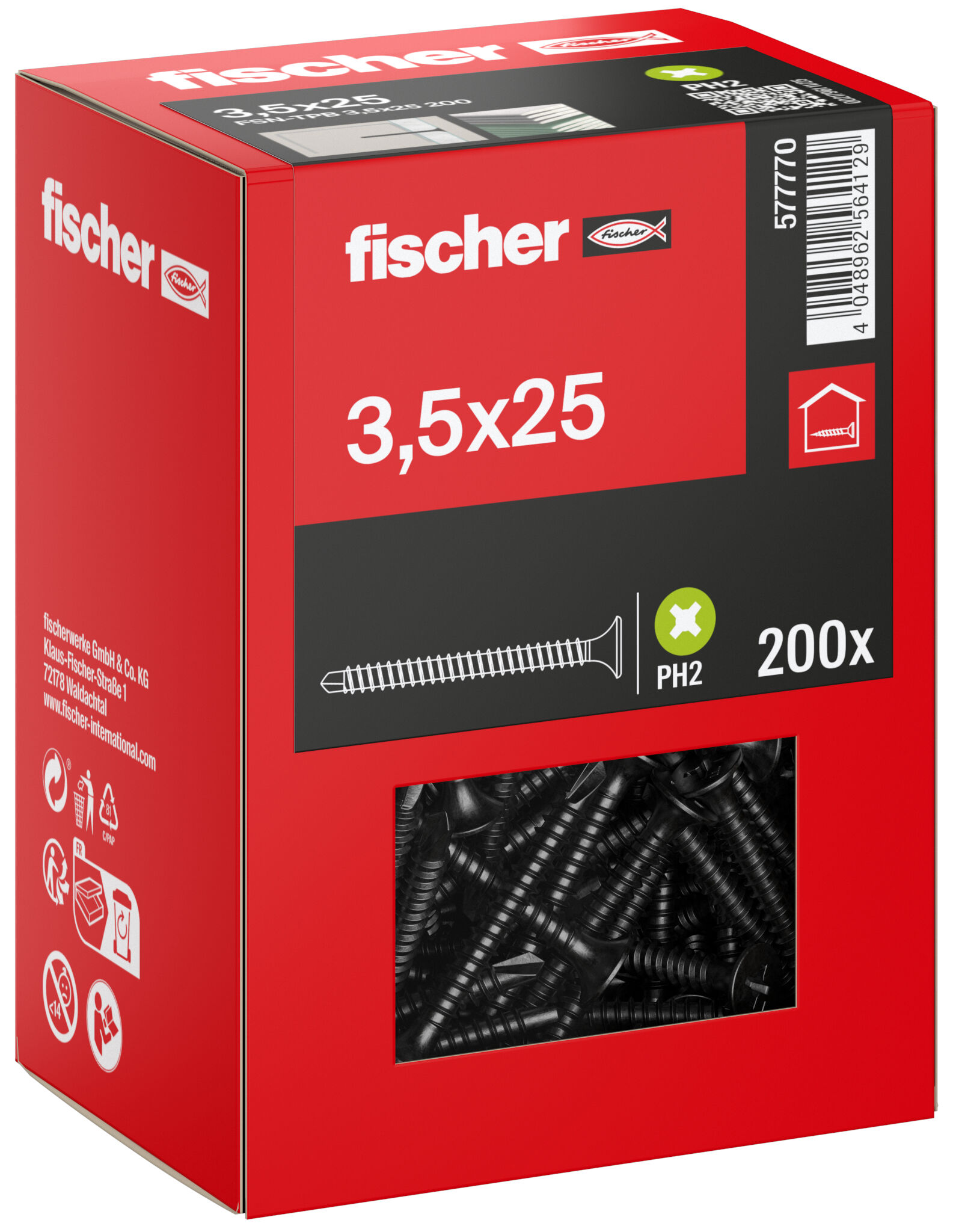 Packaging: "fischer drywall screw 3,5 x 25, trumpet shape head, FG. Phillips PH, black phosphated"