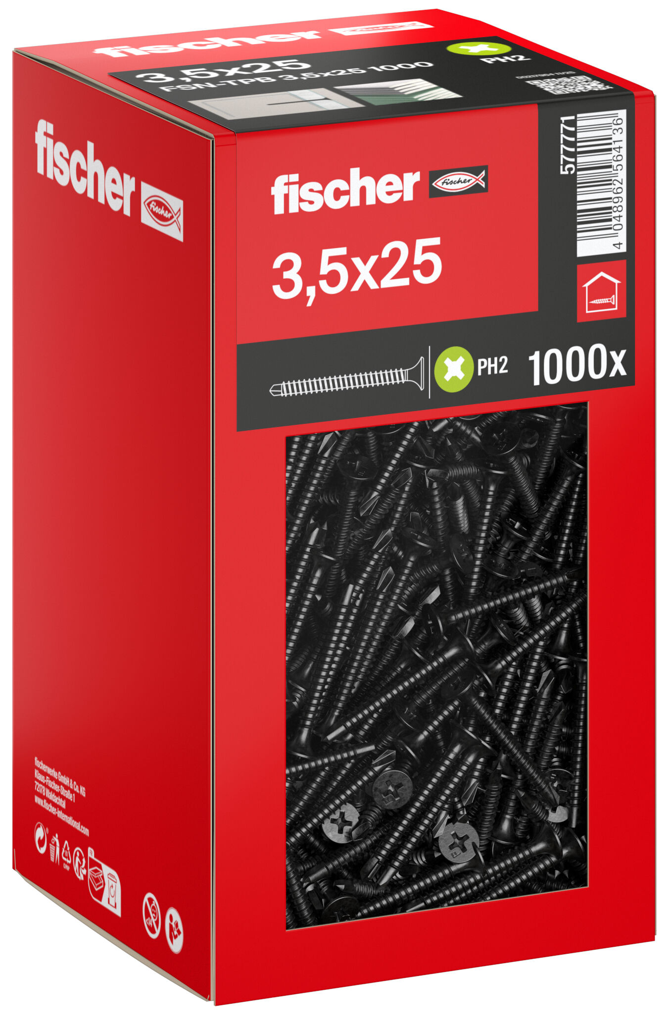 Packaging: "fischer drywall screw 3,5 x 25, trumpet shape head, FG. Phillips PH, black phosphated"