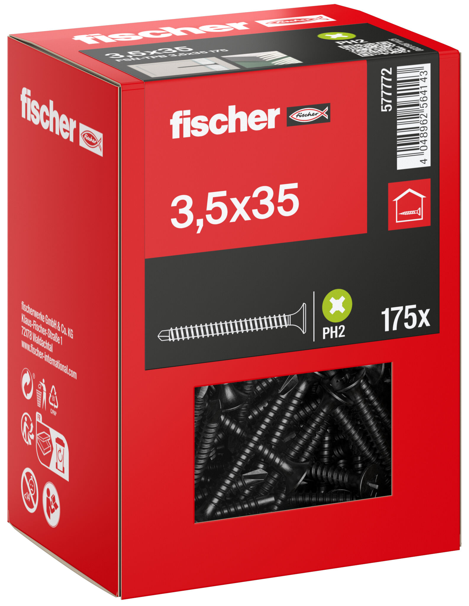 Packaging: "fischer drywall screw 3.5 x 35, trumpet shape head, FG. Phillips PH, black phosphated"