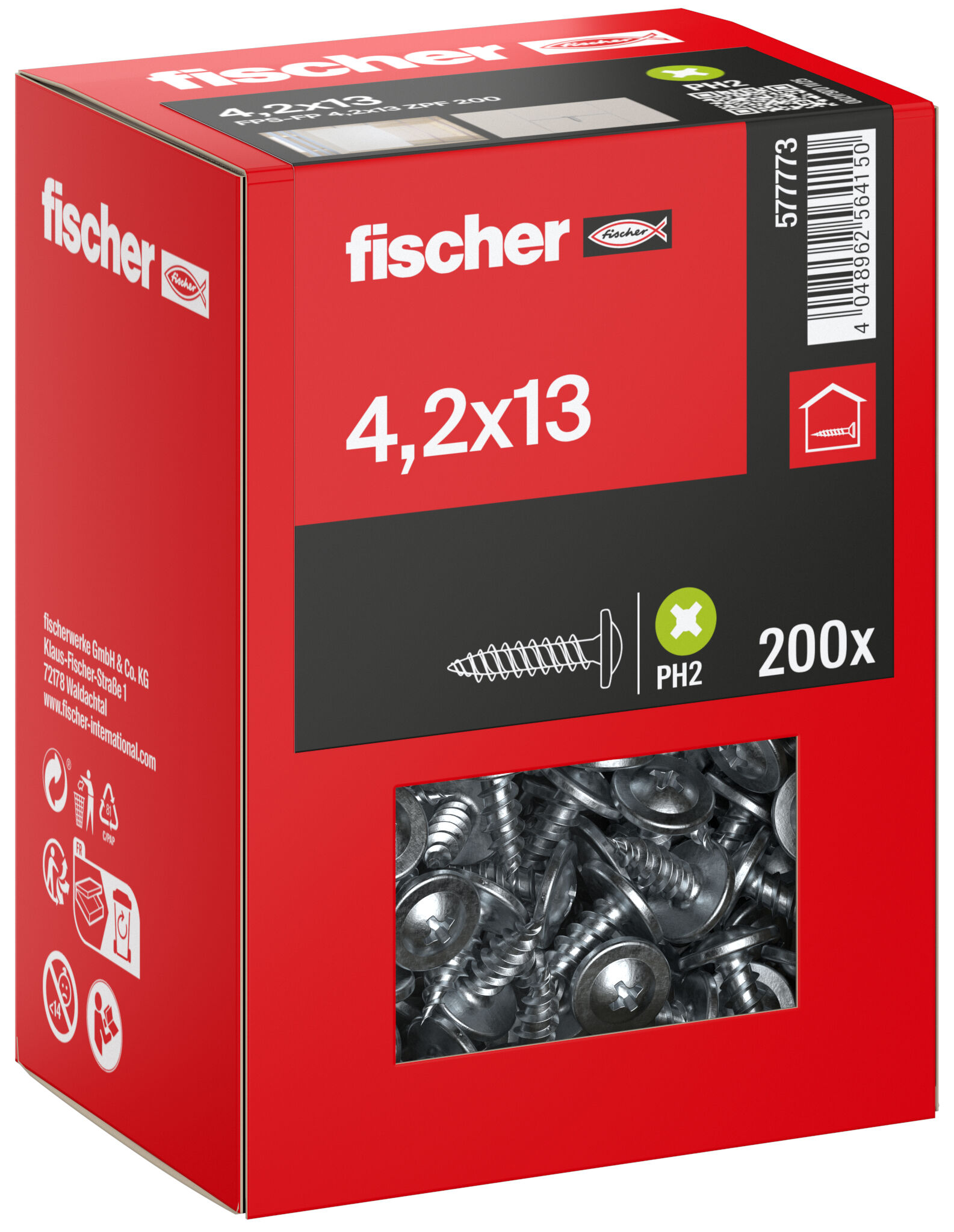 Packaging: "fischer profile connector screw FPS-FP 4.2 x 13 ZPF 200, semicircular head, cross drive PH, full thread, blue passivated"