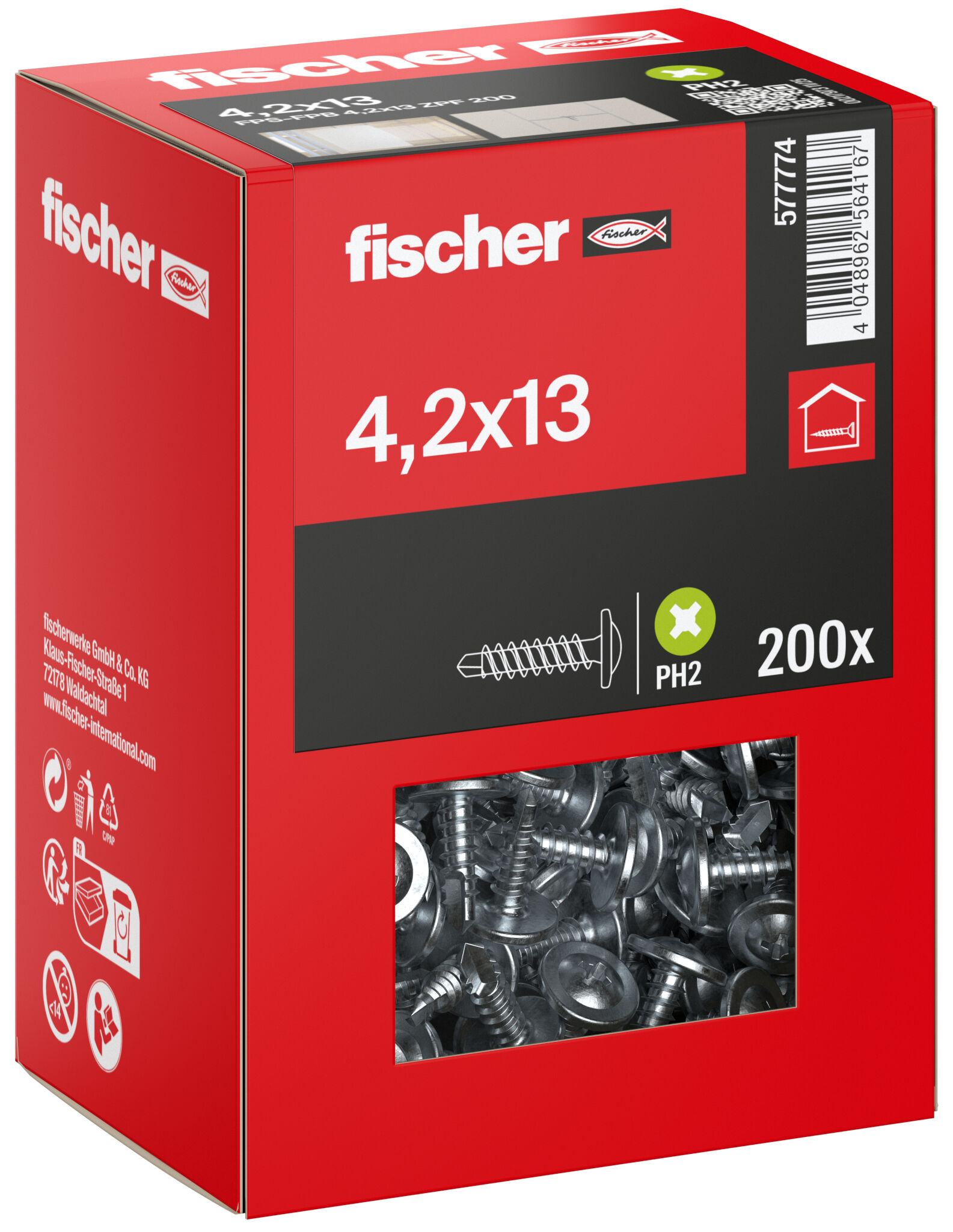 Packaging: "fischer profile connector screw FPS-FPB 4.2 x 13 ZPF 200, semicircular head, cross drive PH, full thread, blue passivated"