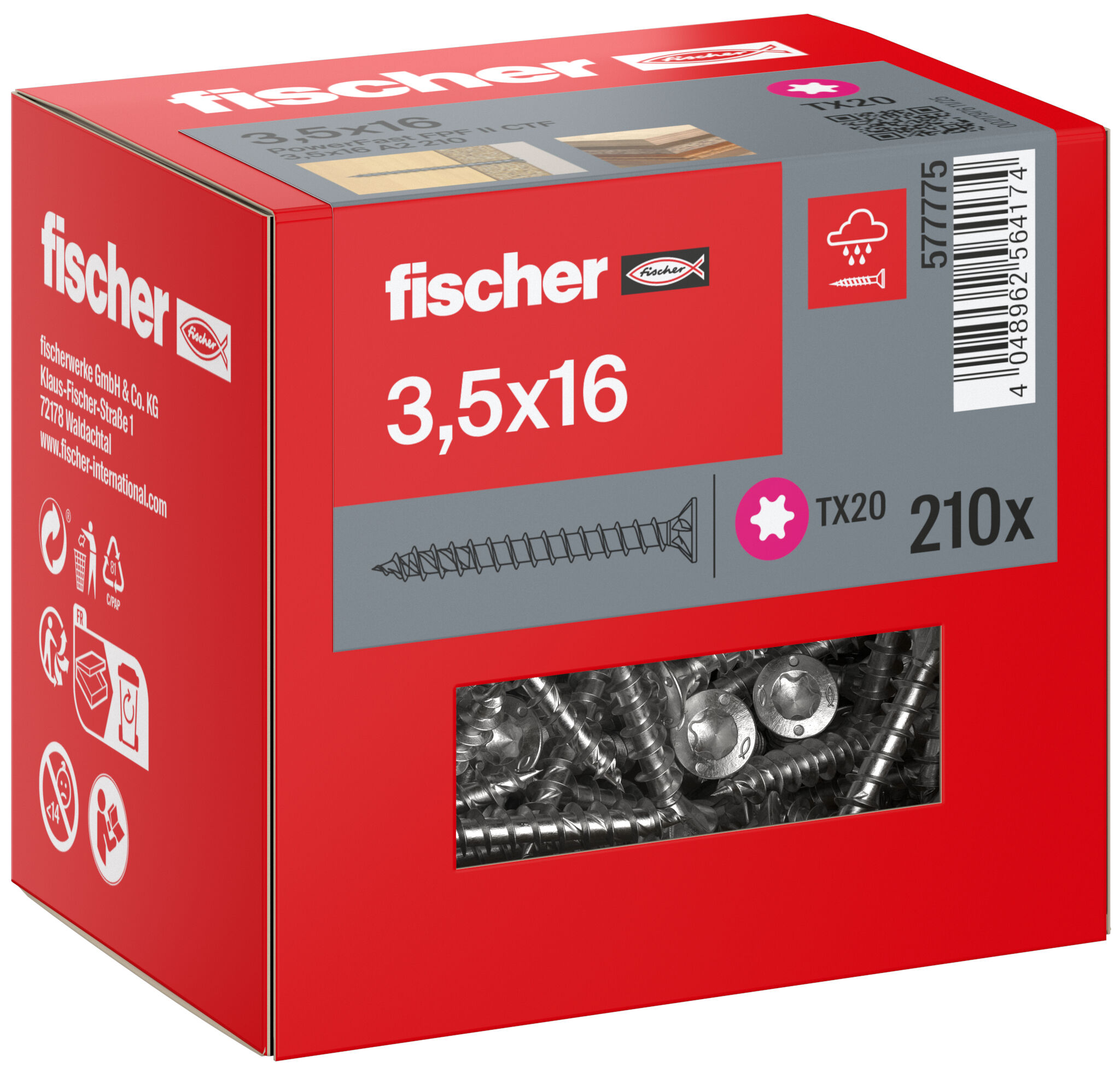 Packaging: "Parafuso para aglomerado fischer PowerFast FPF II CTF 3,5 x 16 A2 210, cabeça escareada, encaixe TX, rosca completa, aço inoxidável A2"