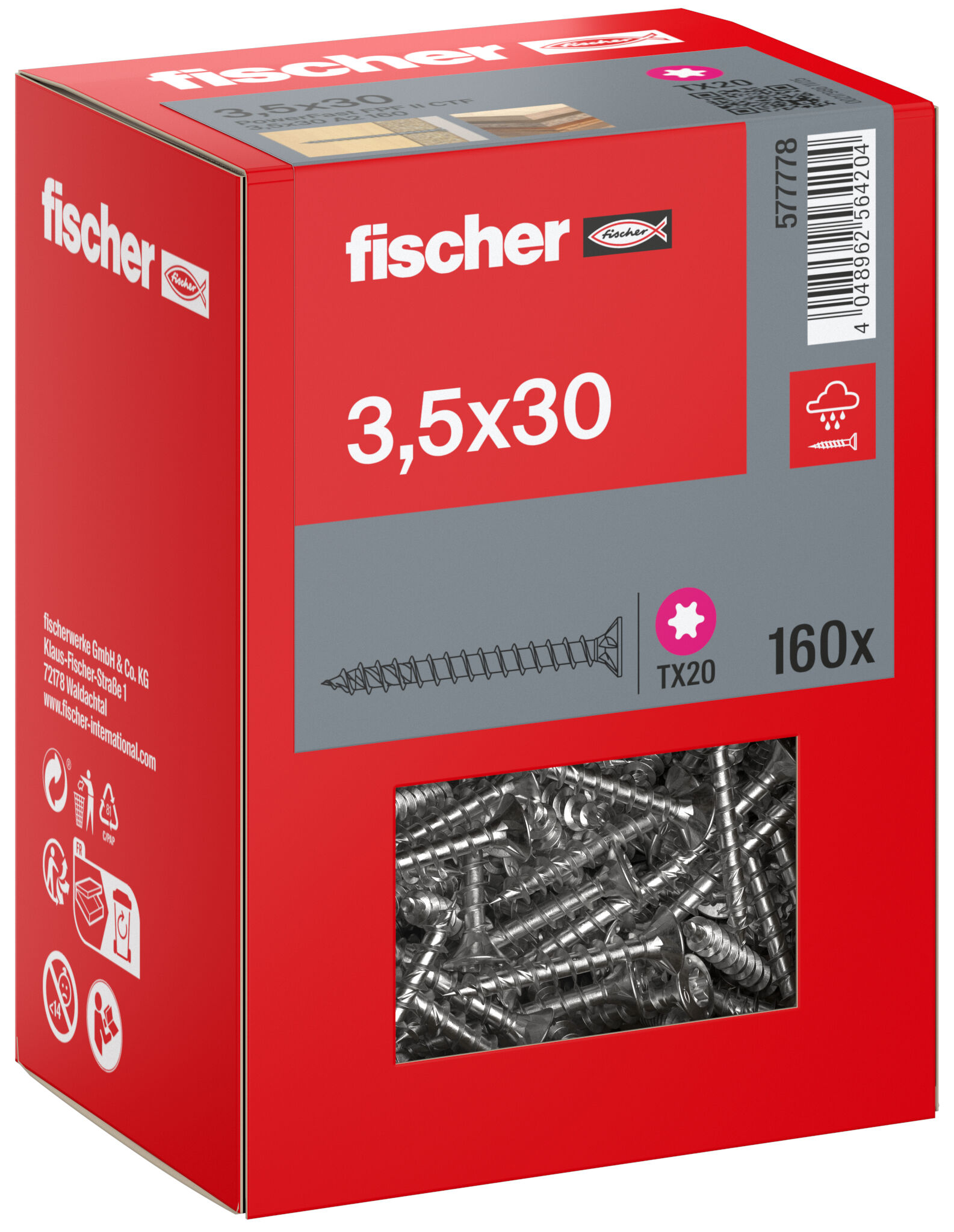 Packaging: "Parafuso para aglomerado fischer PowerFast FPF II CTF 3,5 x 30 A2 160, cabeça escareada, encaixe TX, rosca completa, aço inoxidável A2"