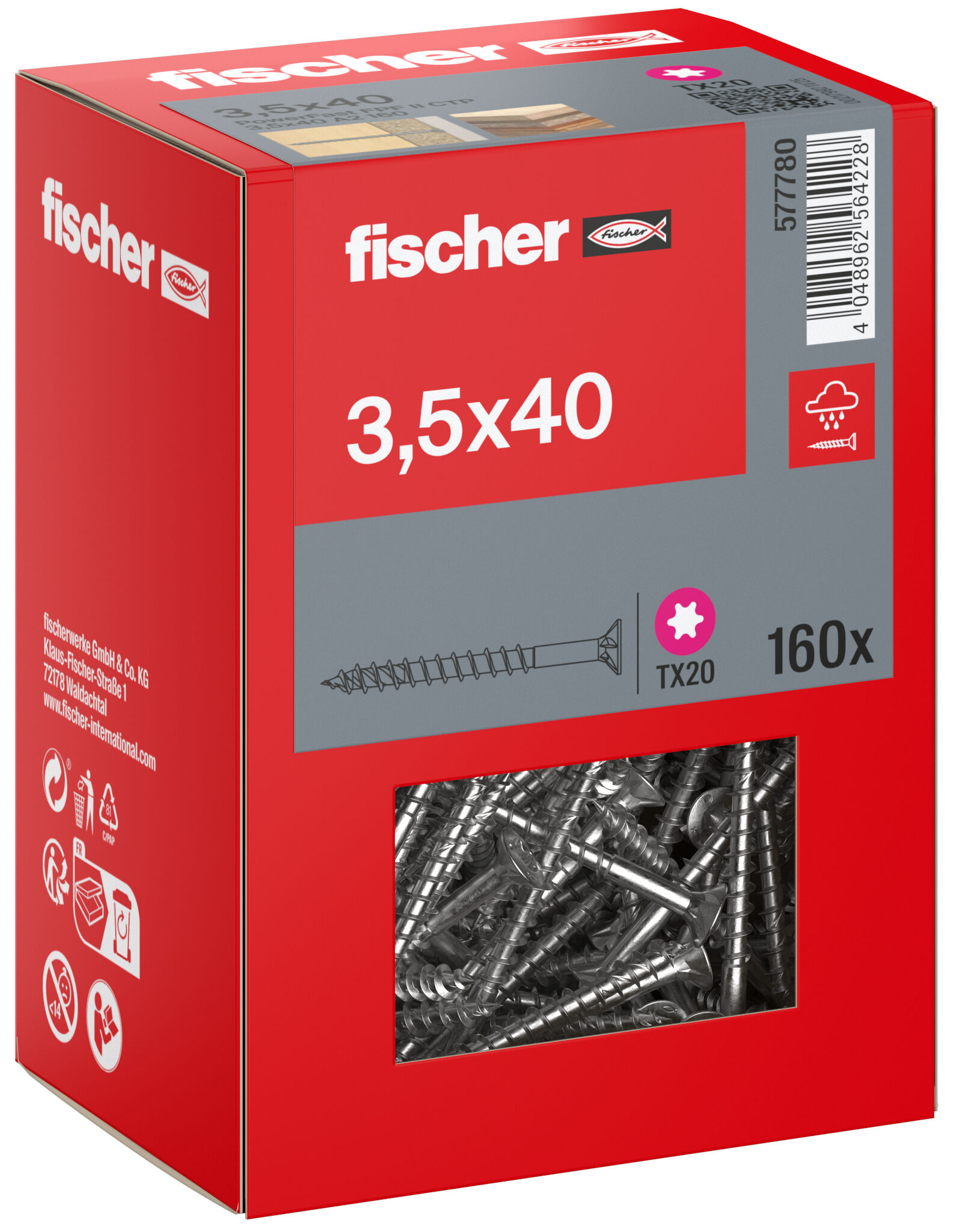 Packaging: "fischer chipboard screw PowerFast FPF II CTP 3.5 x 40 A2 160, countersunk head, TX drive, part thread, stainless steel A2"