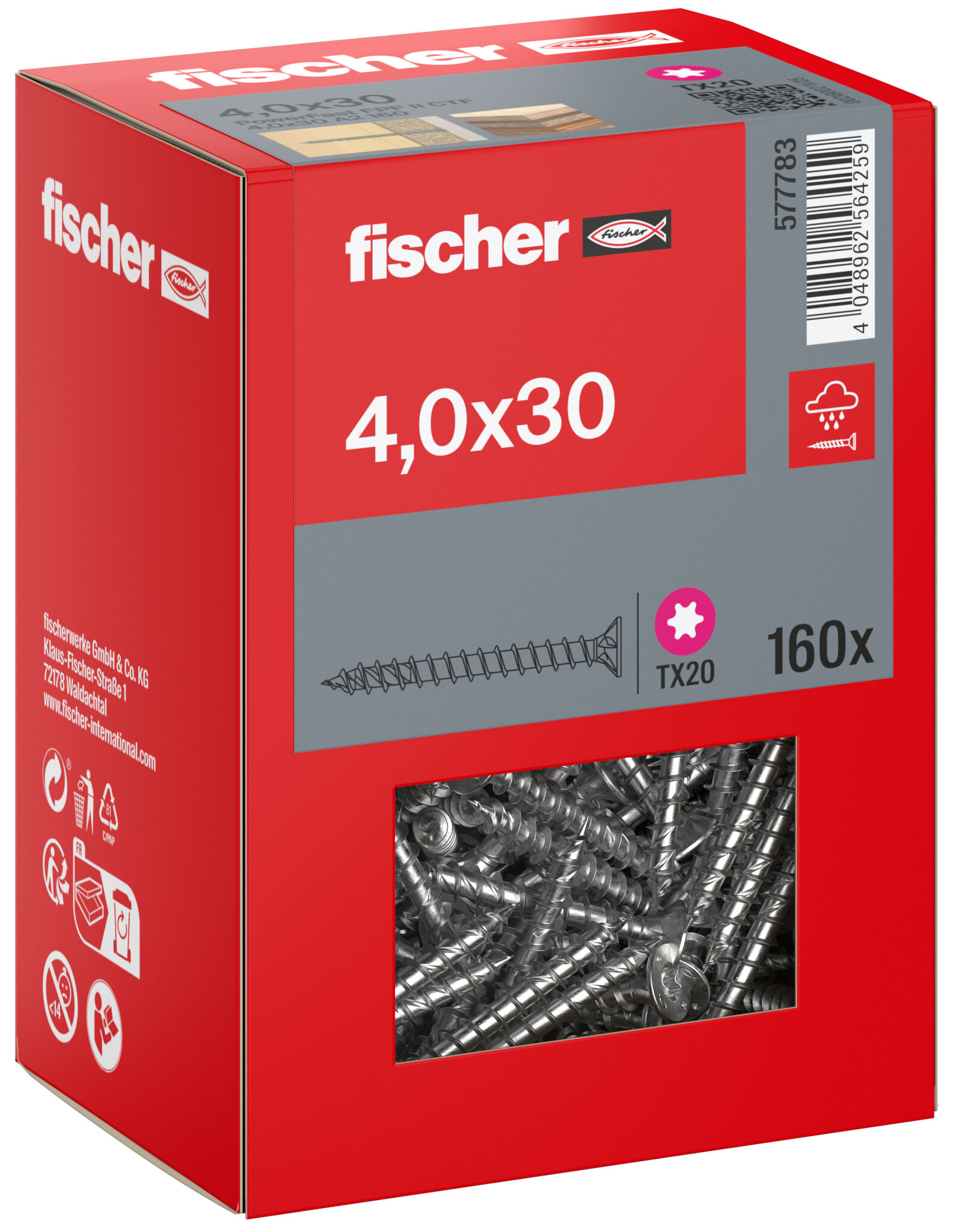 Packaging: "Parafuso para aglomerado fischer PowerFast FPF II CTF 4,0 x 30 A2 160, cabeça escareada, encaixe TX, rosca completa, aço inoxidável A2"