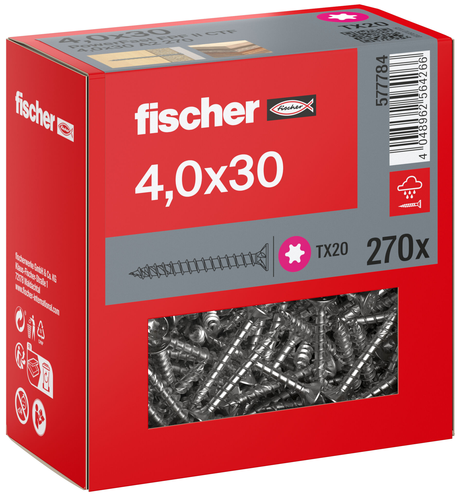 Packaging: "Parafuso para aglomerado fischer PowerFast FPF II CTF 4,0 x 30 A2 270, cabeça escareada, encaixe TX, rosca completa, aço inoxidável A2"